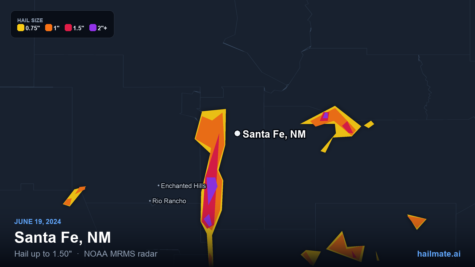 Hail swath map for Santa Fe, NM on June 19, 2024 showing 1.50 inch hail.