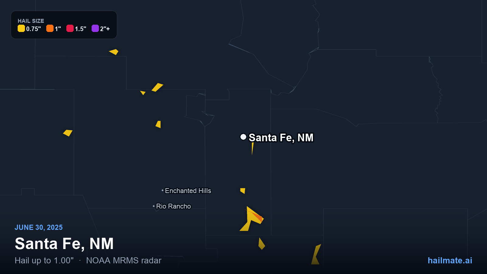 Hail swath map for Santa Fe, NM on June 30, 2025 showing 1.00 inch hail.