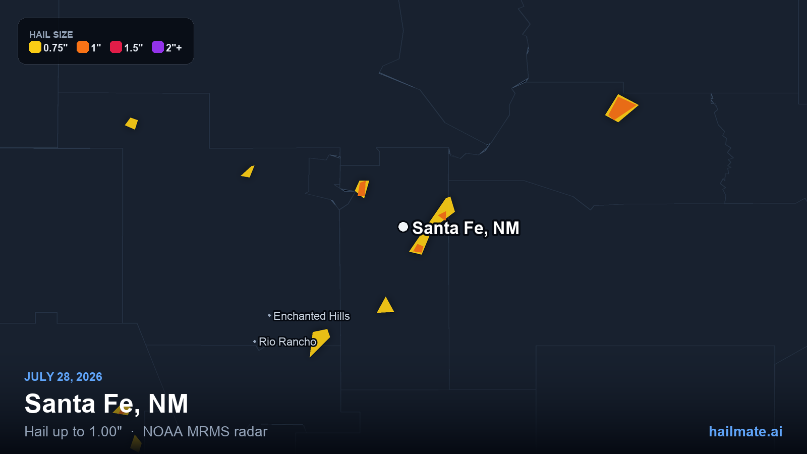 Hail swath map for Santa Fe, NM on July 28, 2026 showing 1.00 inch hail.