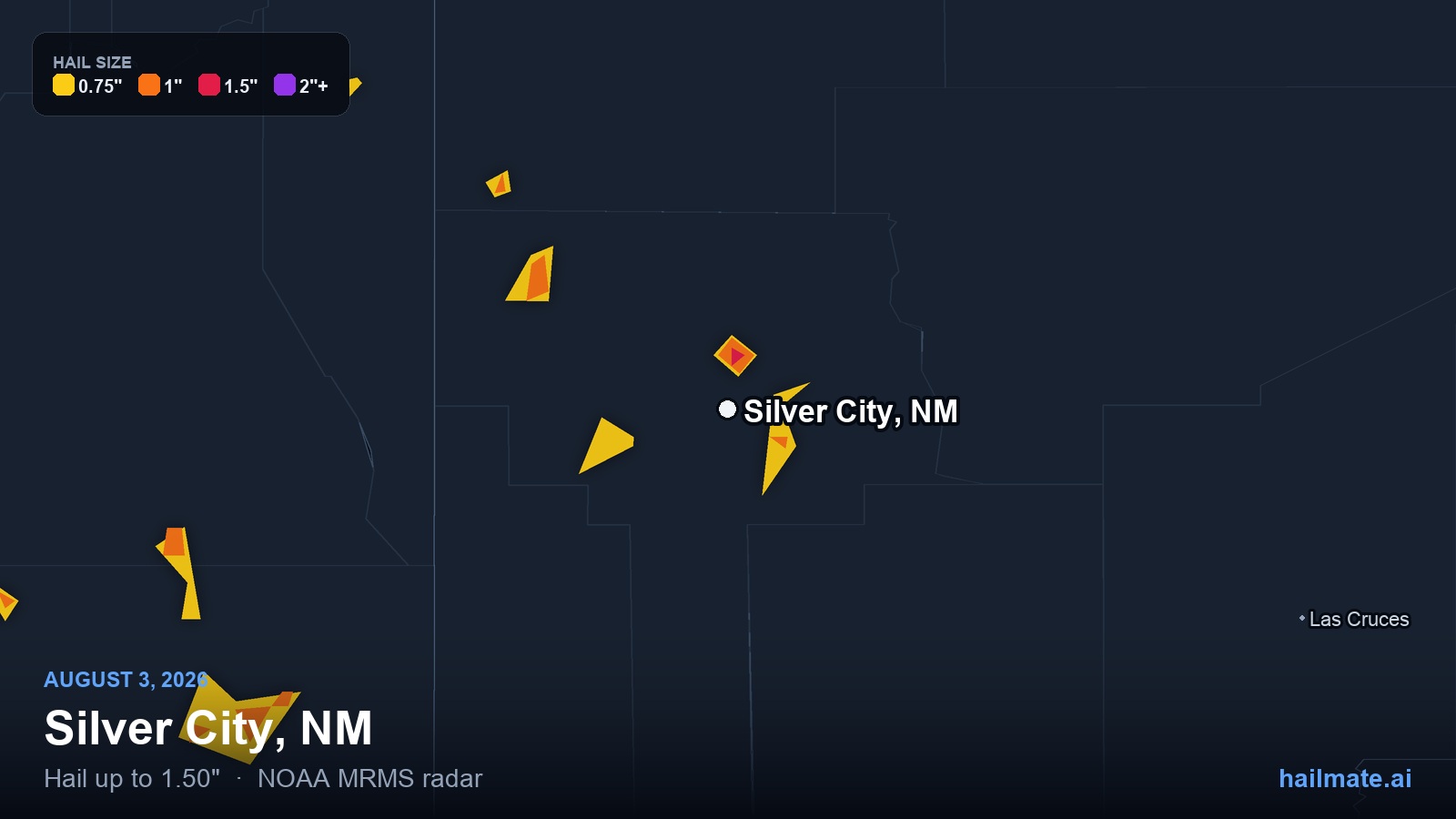 Hail swath map for Silver City, NM on August 3, 2026 showing 1.50 inch hail.