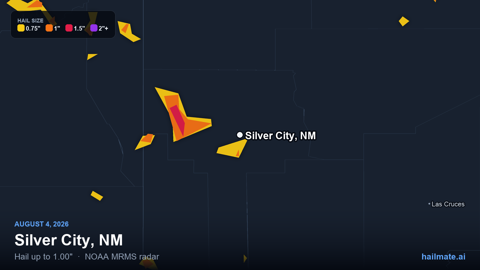 Hail swath map for Silver City, NM on August 4, 2026 showing 1.00 inch hail.