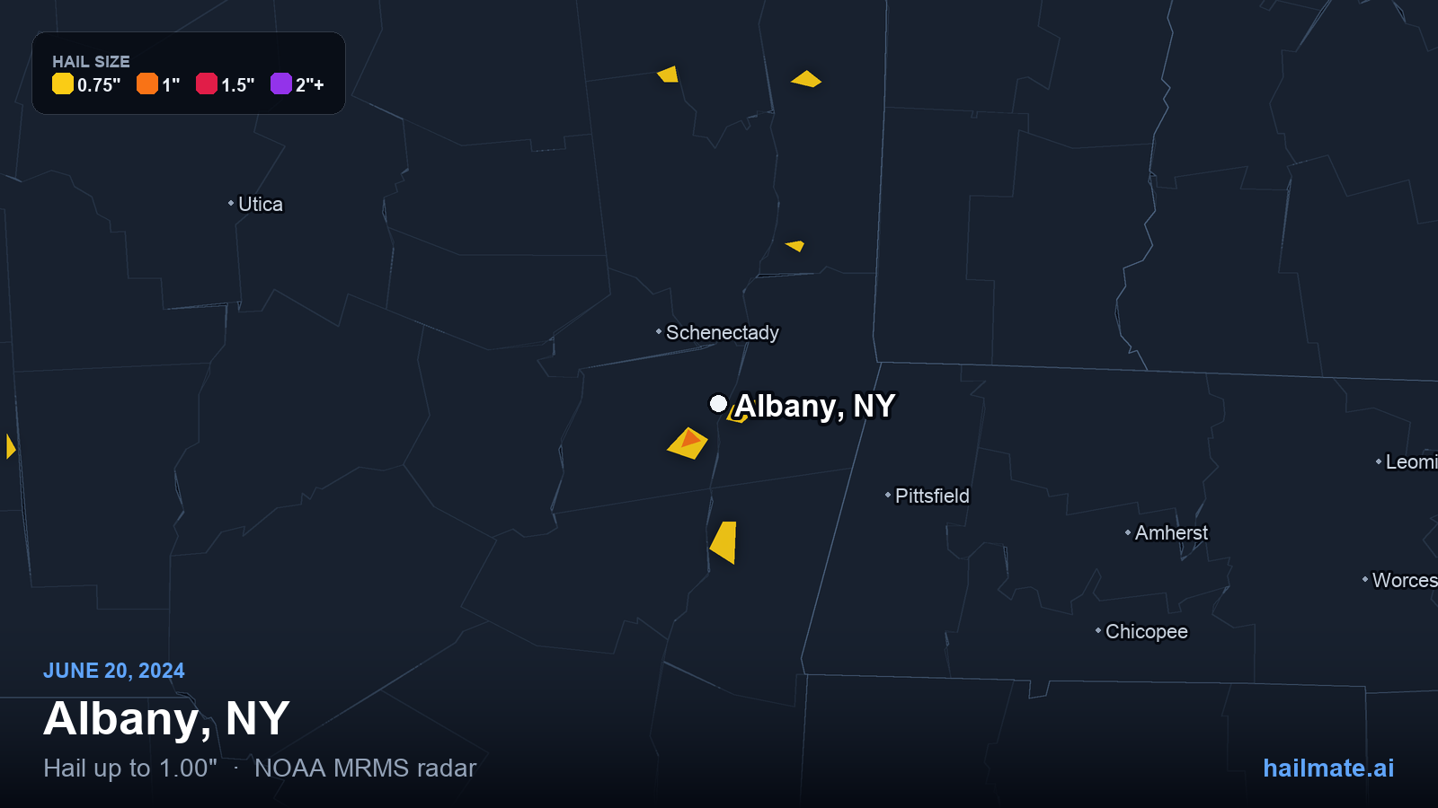 Hail swath map for Albany, NY on June 20, 2024 showing 1.00 inch hail.