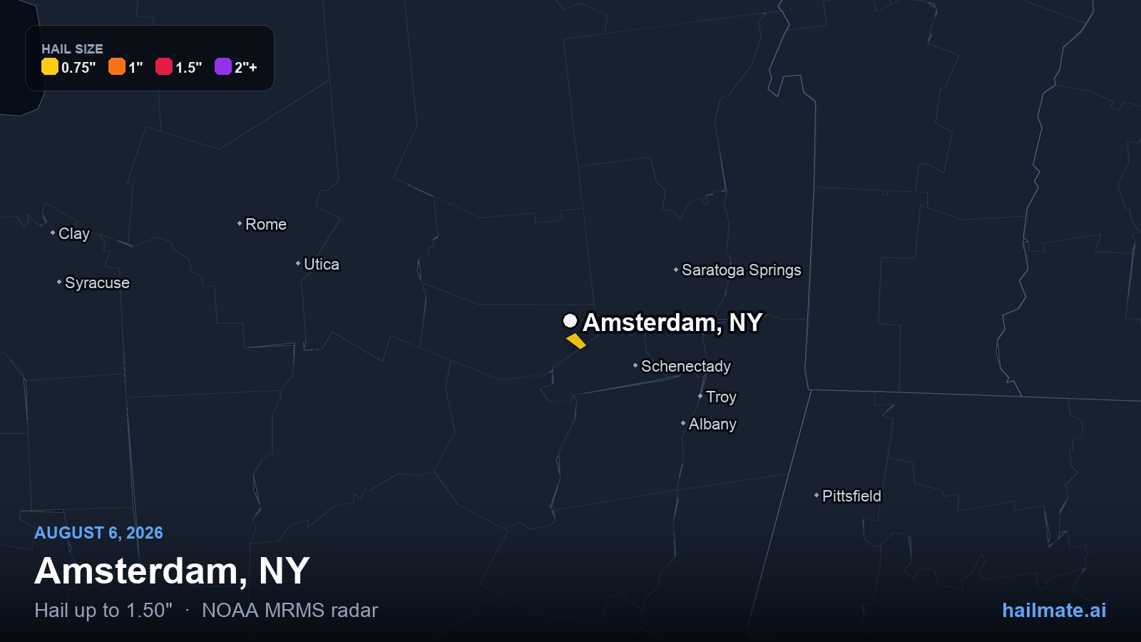 Hail swath map for Amsterdam, NY on August 6, 2026 showing 1.50 inch hail.