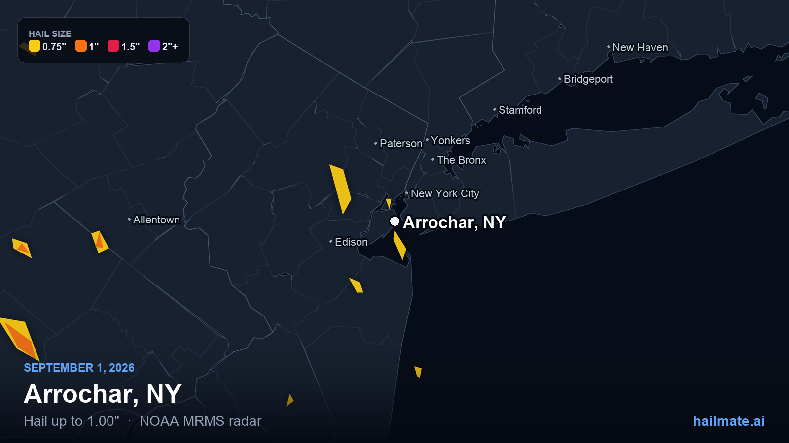 Hail swath map for Arrochar, NY on September 1, 2026 showing 1.00 inch hail.