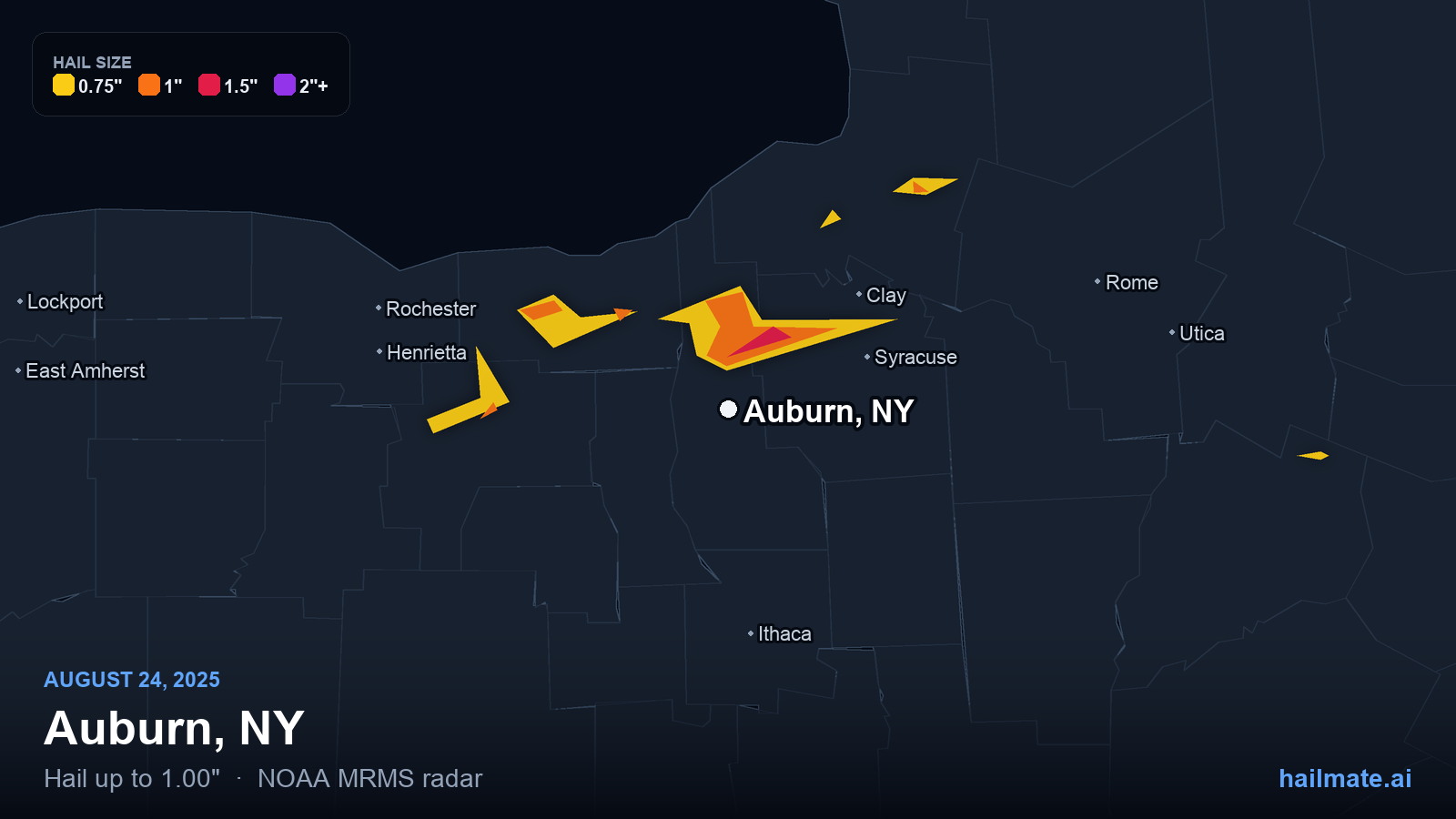 Hail swath map for Auburn, NY on August 24, 2025 showing 1.00 inch hail.