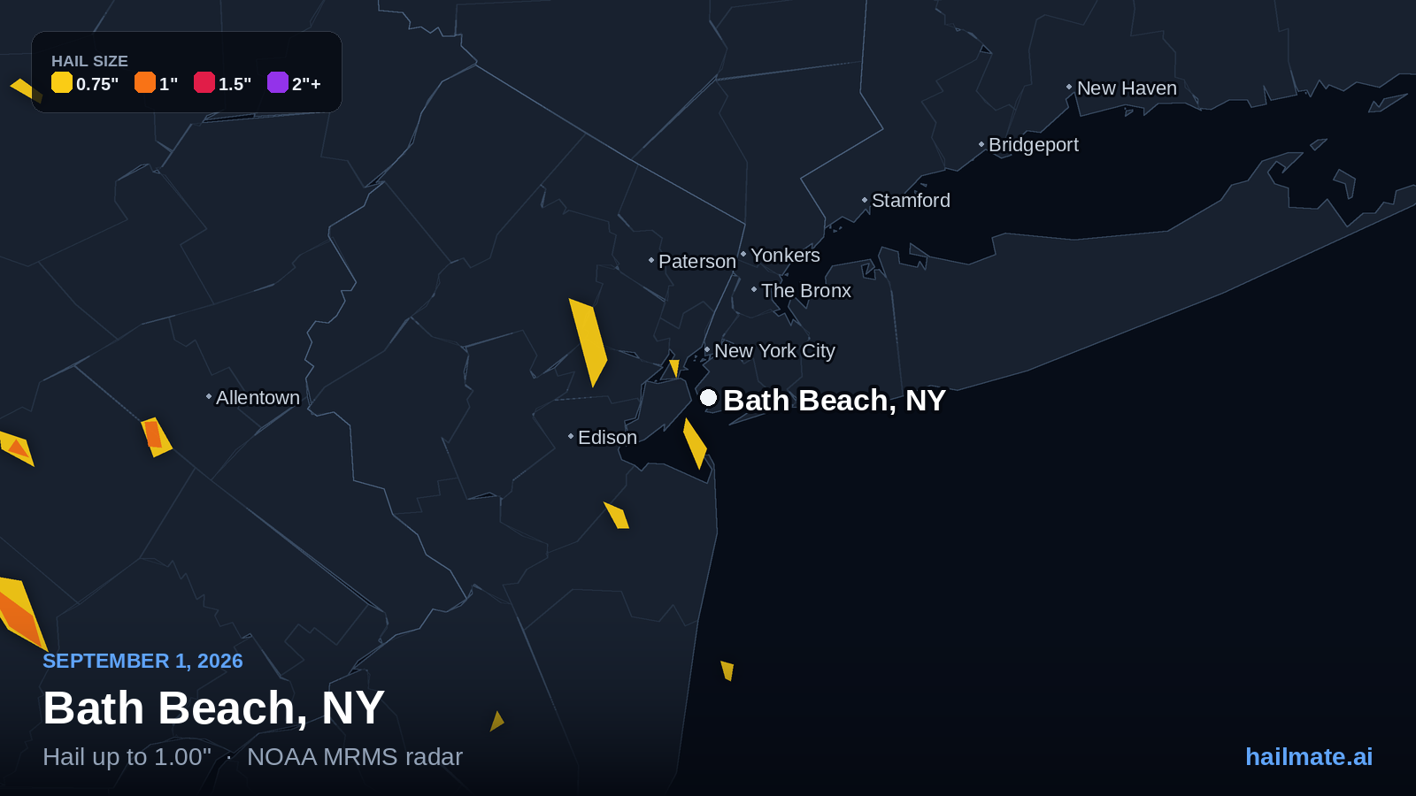 Hail swath map for Bath Beach, NY on September 1, 2026 showing 1.00 inch hail.
