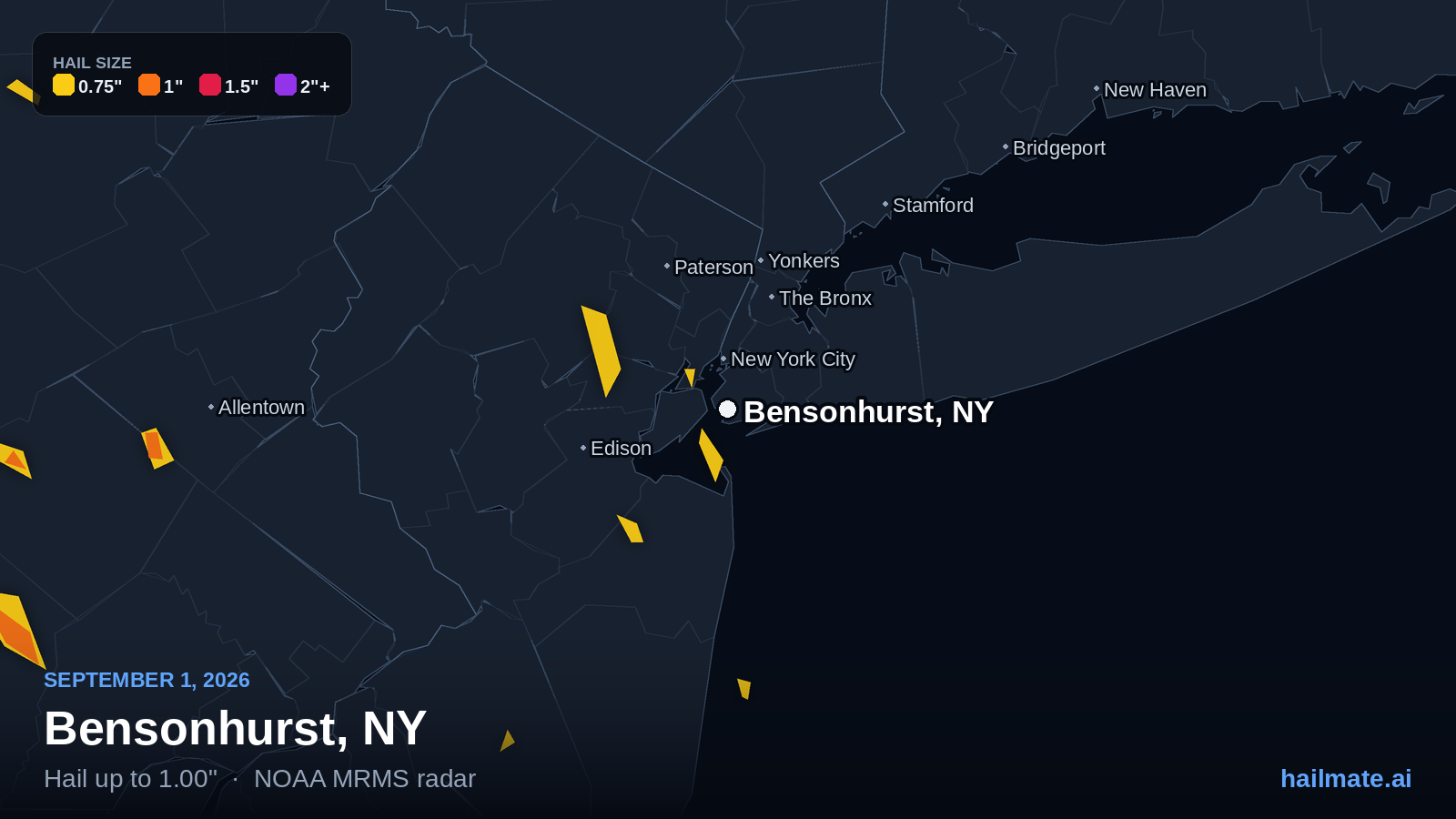 Hail swath map for Bensonhurst, NY on September 1, 2026 showing 1.00 inch hail.