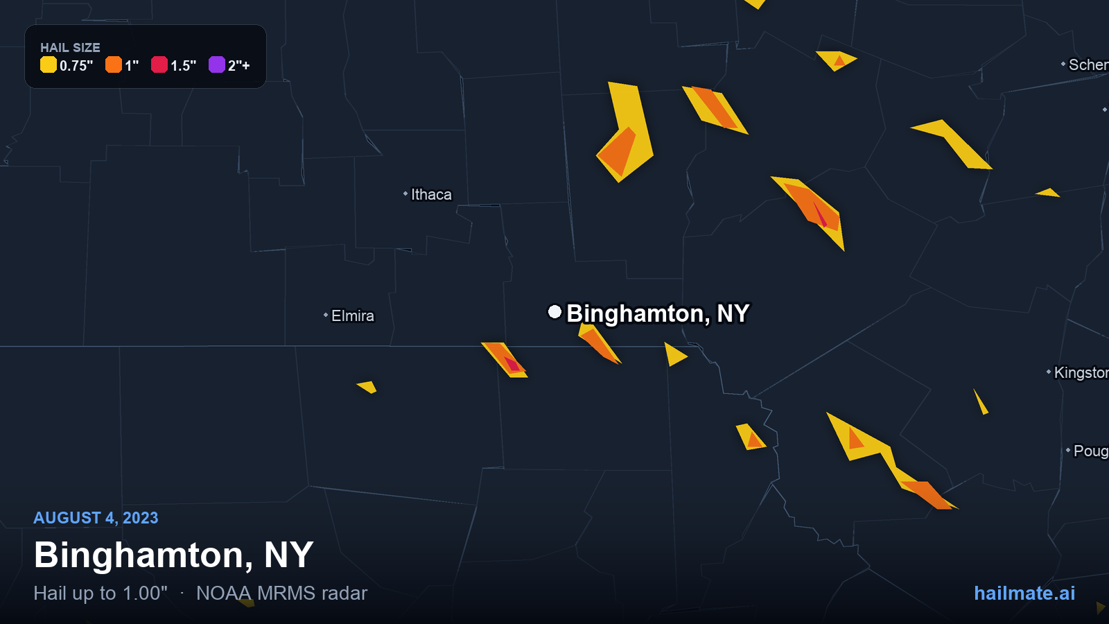 Hail swath map for Binghamton, NY on August 4, 2023 showing 1.00 inch hail.