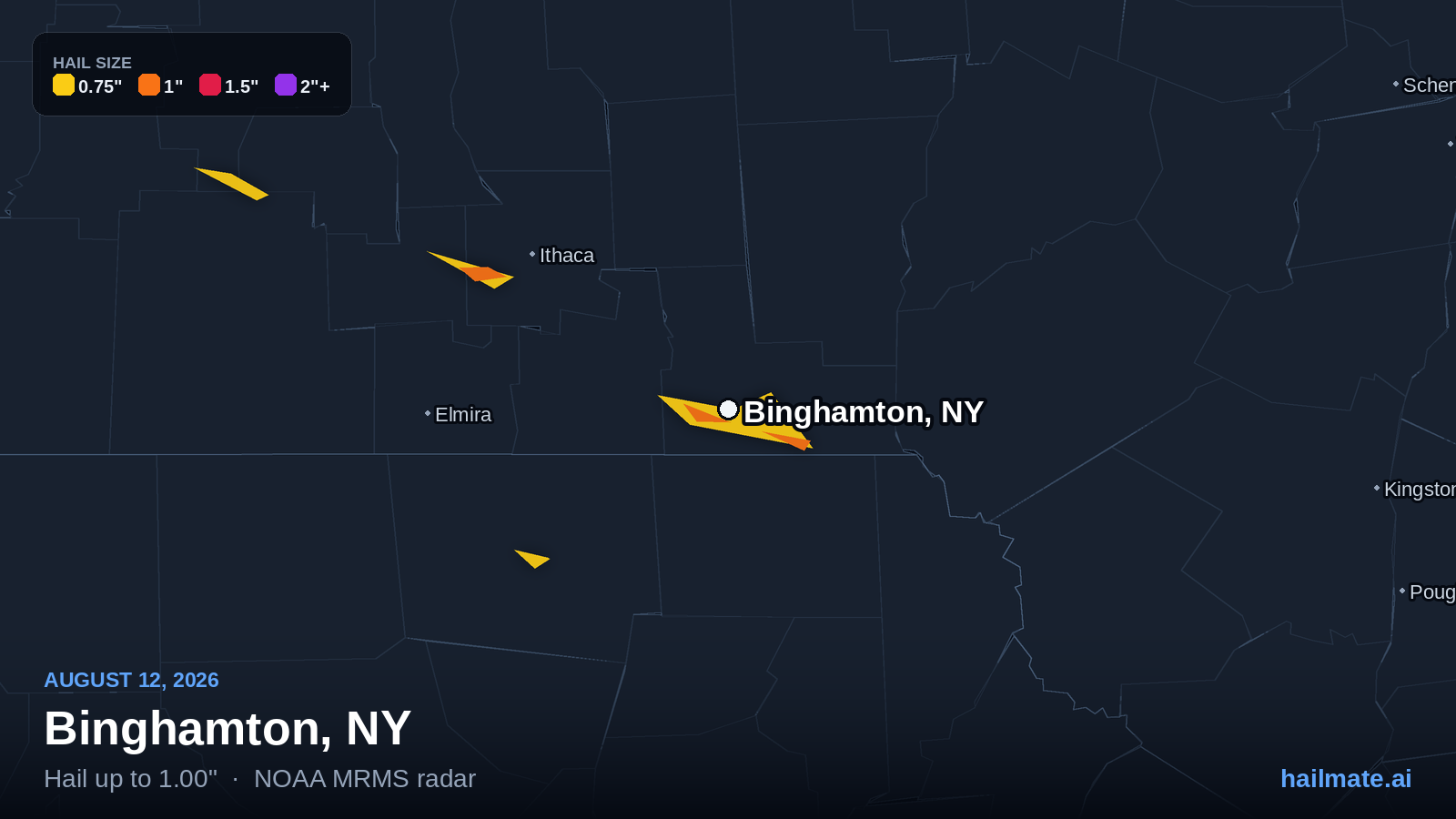Hail swath map showing 1.00 inch hail over Binghamton, New York on August 12, 2026.