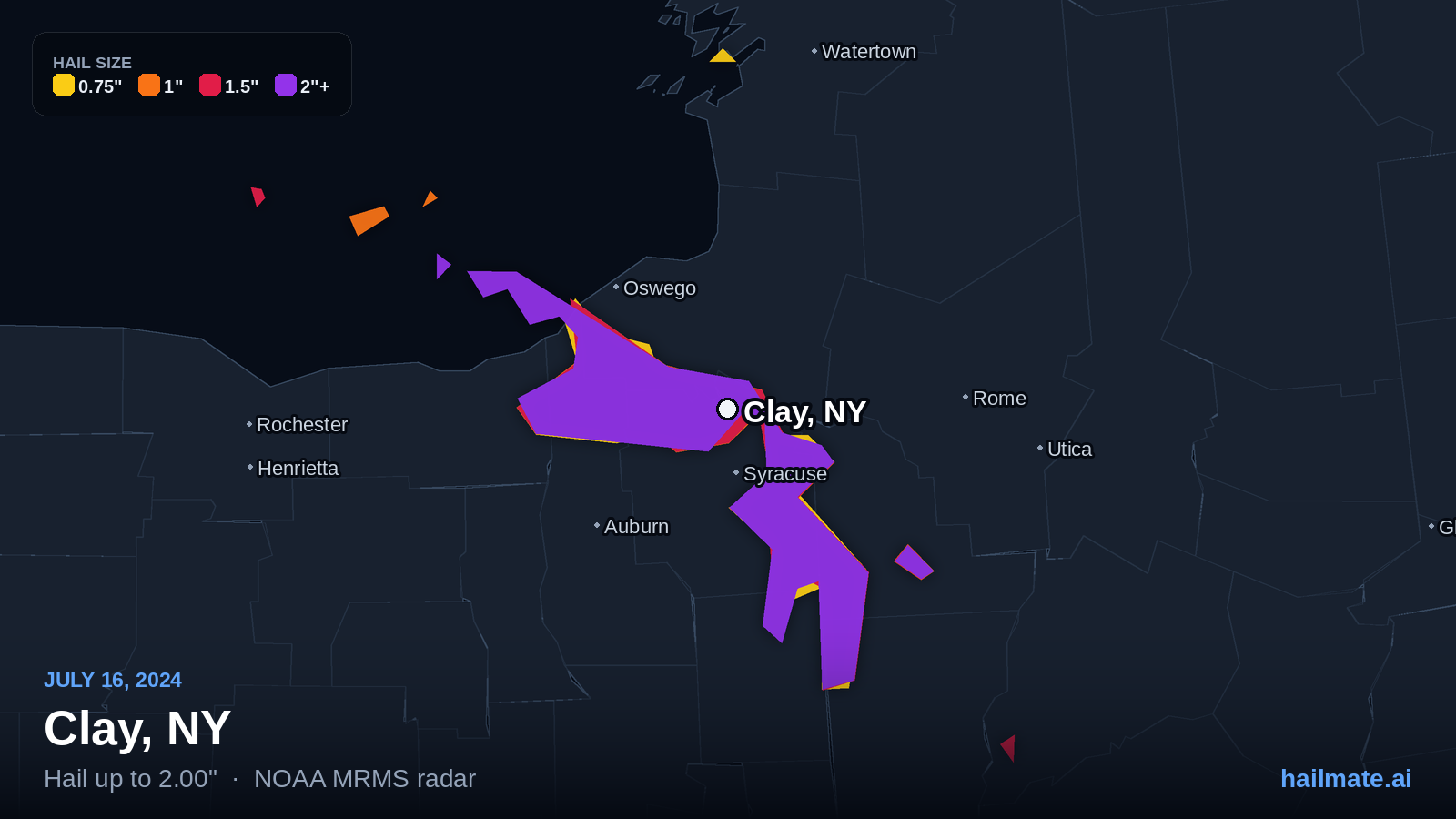 Hail swath map for Clay, NY on July 16, 2024 showing 2.00 inch hail.