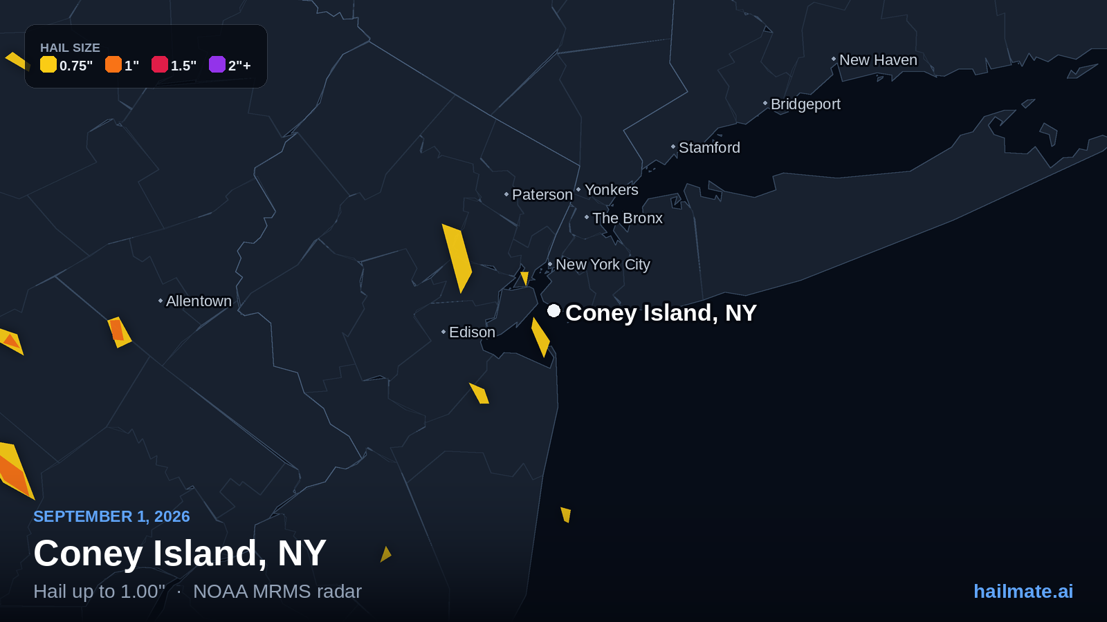 Hail swath map for Coney Island, NY on September 1, 2026 showing 1.00 inch hail.