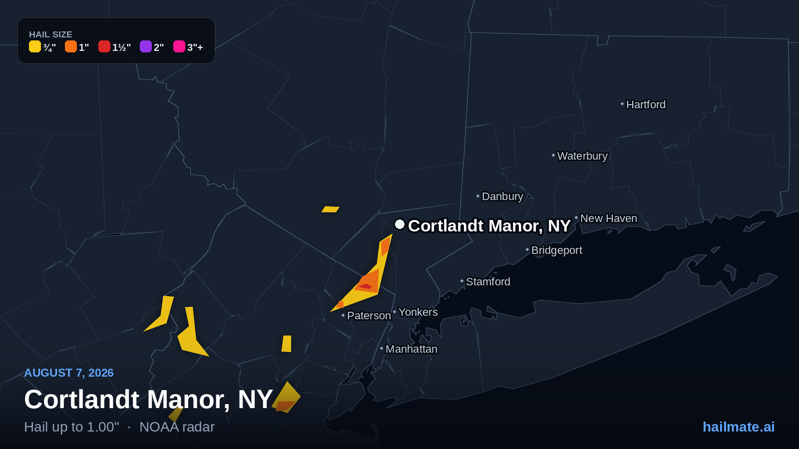 Hail swath map for Cortlandt Manor, NY on August 7, 2026 showing 1.00 inch hail.