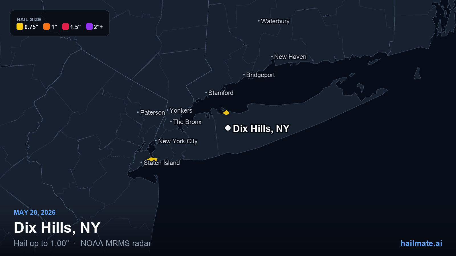 Hail swath map for Dix Hills, NY on May 20, 2026 showing 1.00 inch hail.