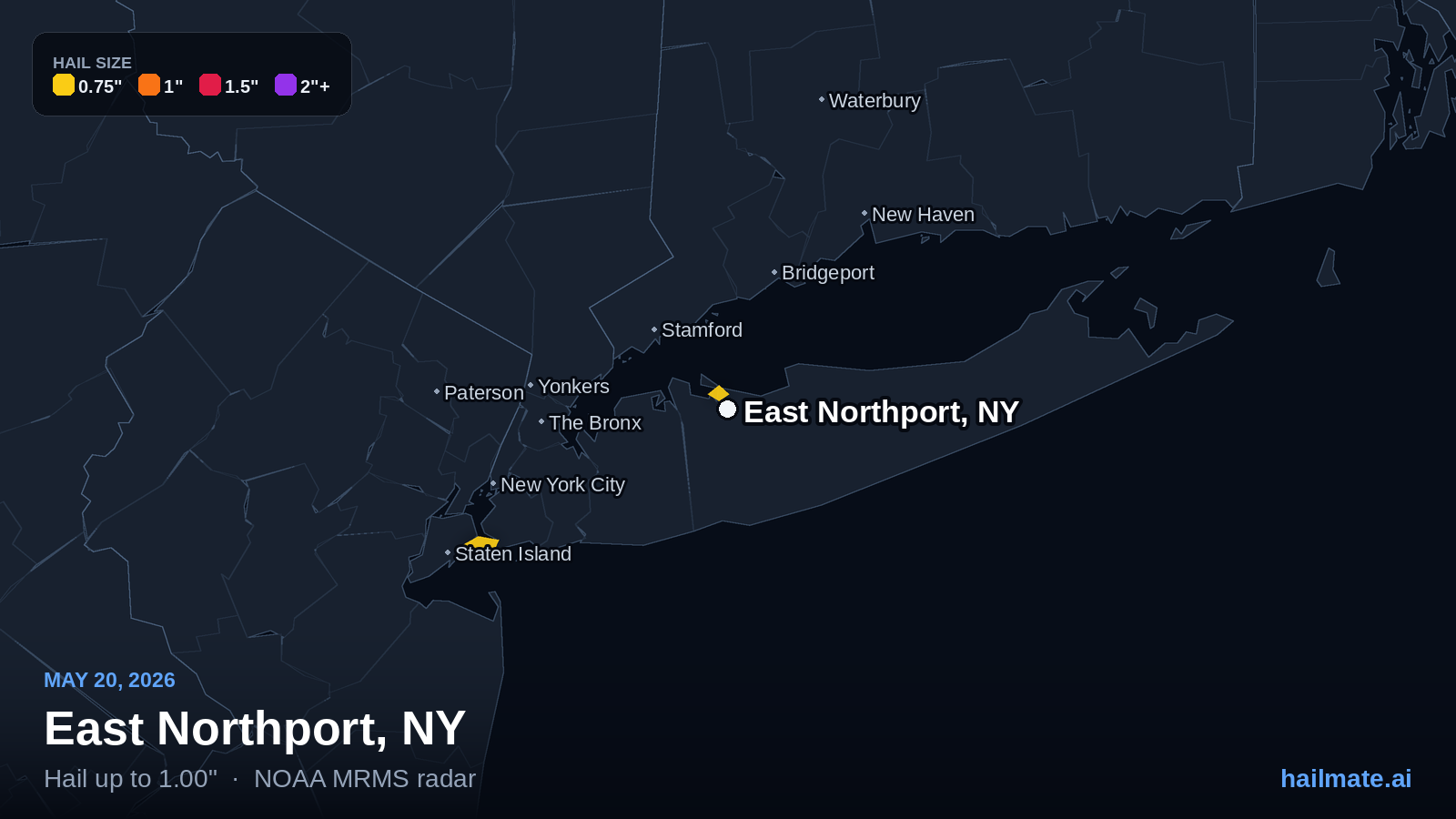 Hail swath map for East Northport, NY on May 20, 2026 showing 1.00 inch hail.