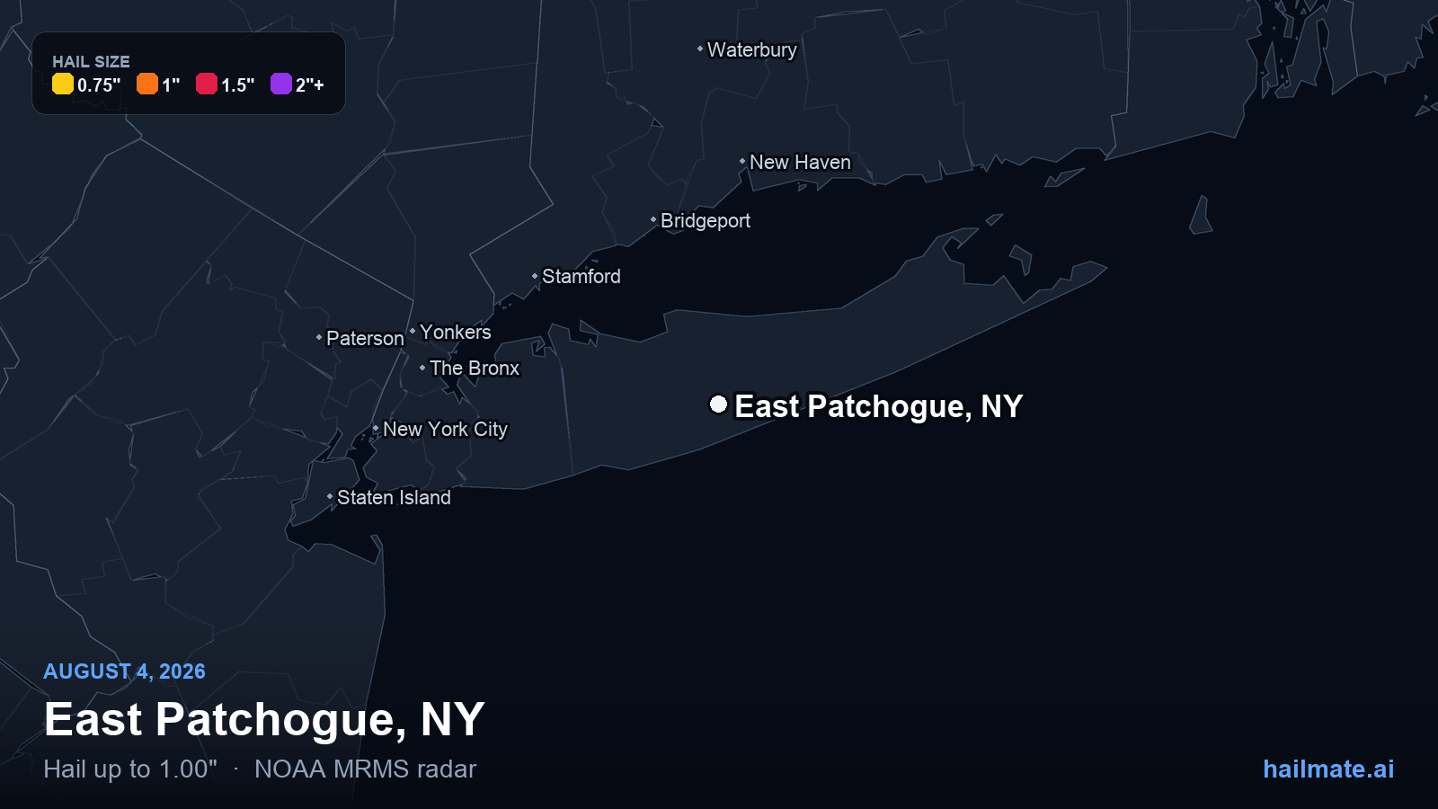 Hail swath map for East Patchogue, NY on August 4, 2026 showing 1.00 inch hail.