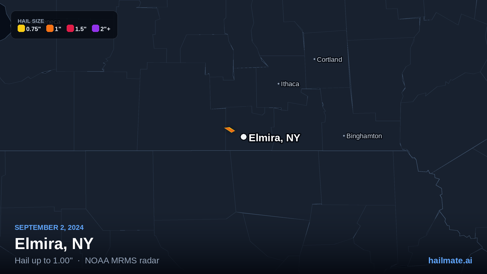 Hail swath map for Elmira, NY on September 2, 2024 showing 1.00 inch hail.