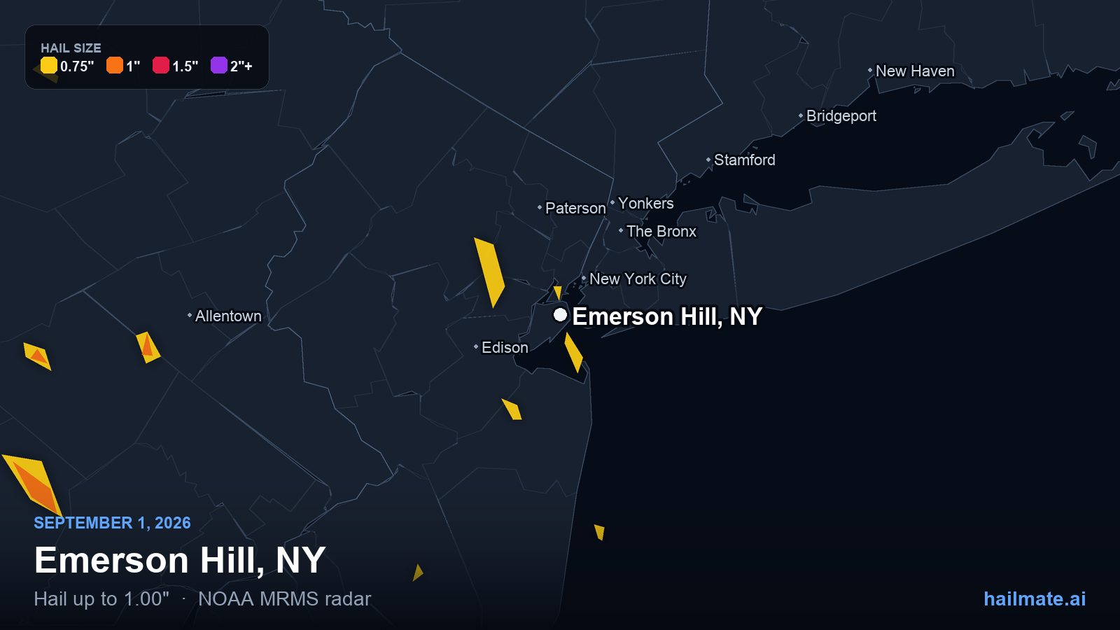 Hail swath map for Emerson Hill, NY on September 1, 2026 showing 1.00 inch hail.
