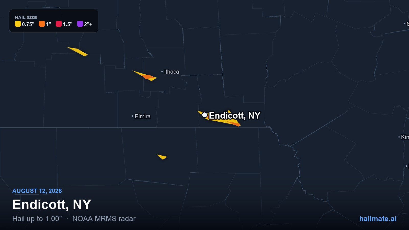 Hail swath map for Endicott, NY on August 12, 2026 showing 1.00 inch hail.
