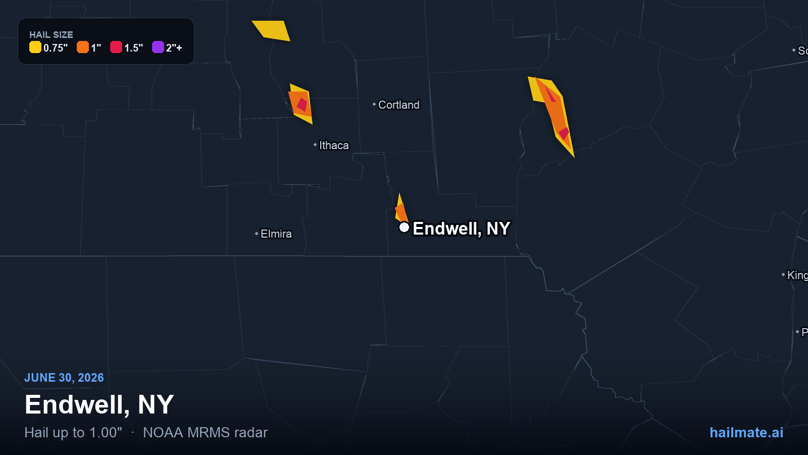Hail swath map for Endwell, NY on June 30, 2026 showing 1.00 inch hail.