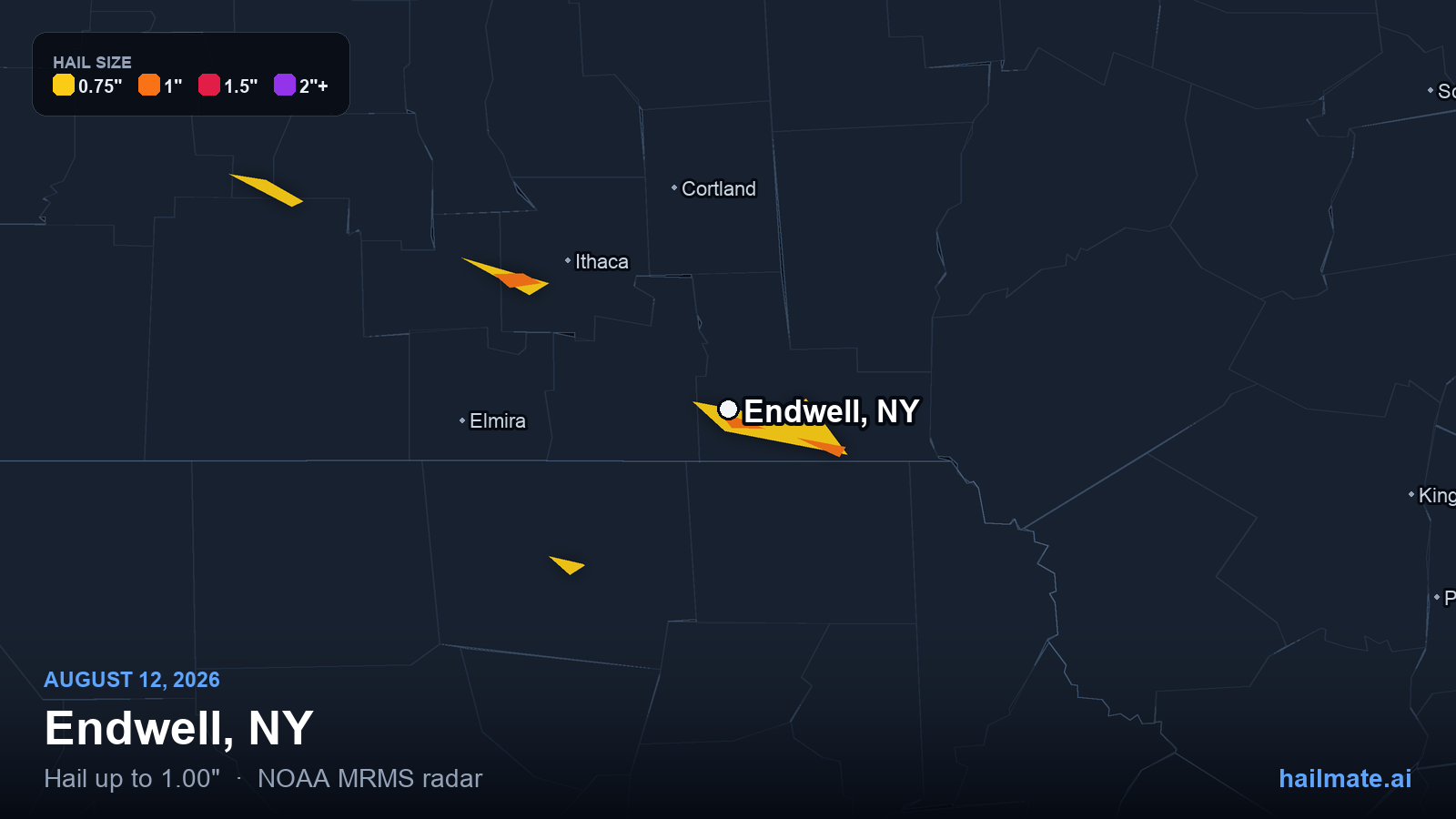 Hail swath map for Endwell, NY on August 12, 2026 showing 1.00 inch hail.