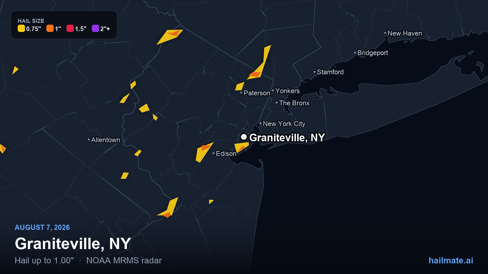 Hail swath map for Graniteville, NY on August 7, 2026 showing 1.00 inch hail.