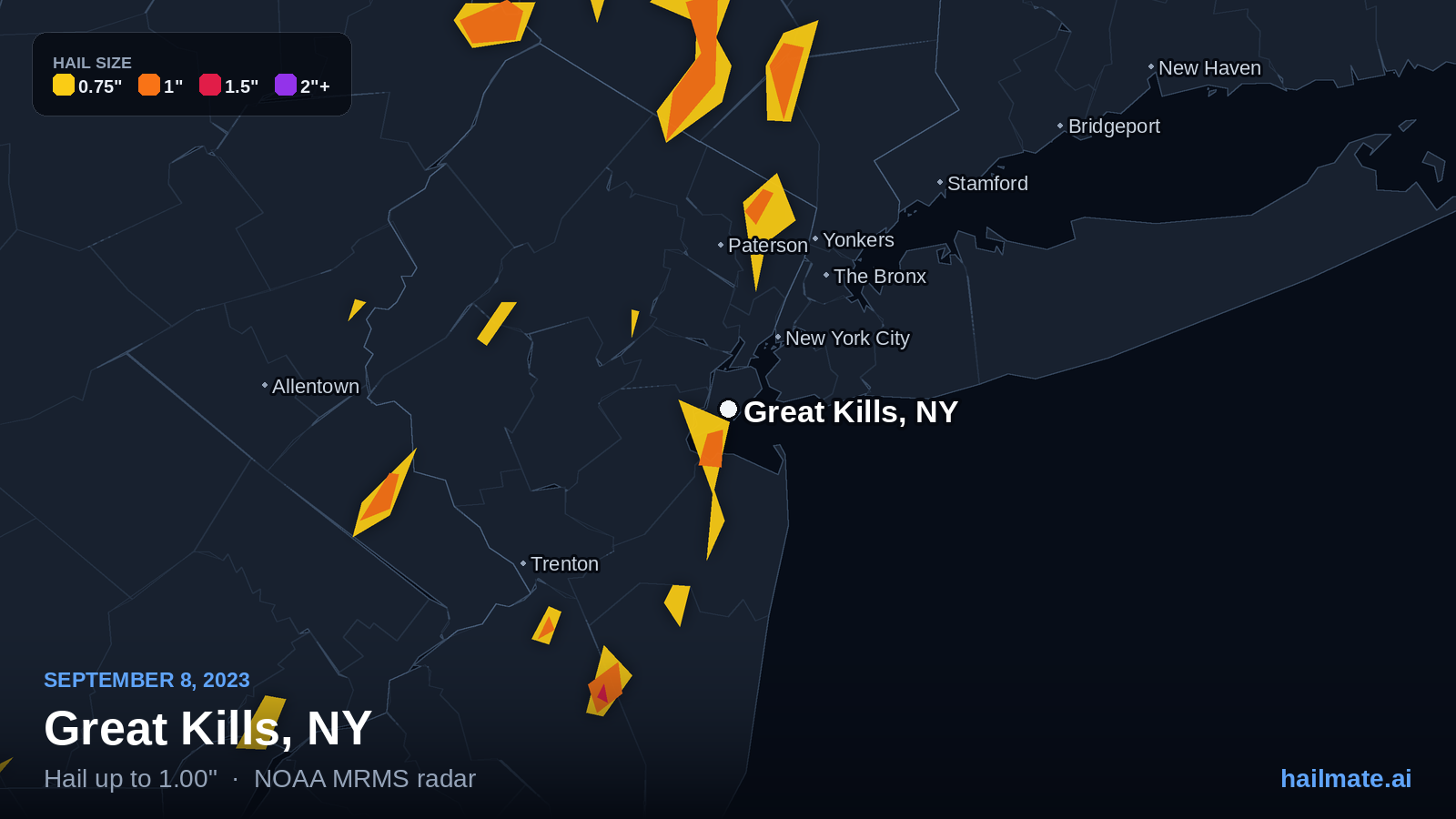 Hail swath map for Great Kills, NY on September 8, 2023 showing 1.00 inch hail.