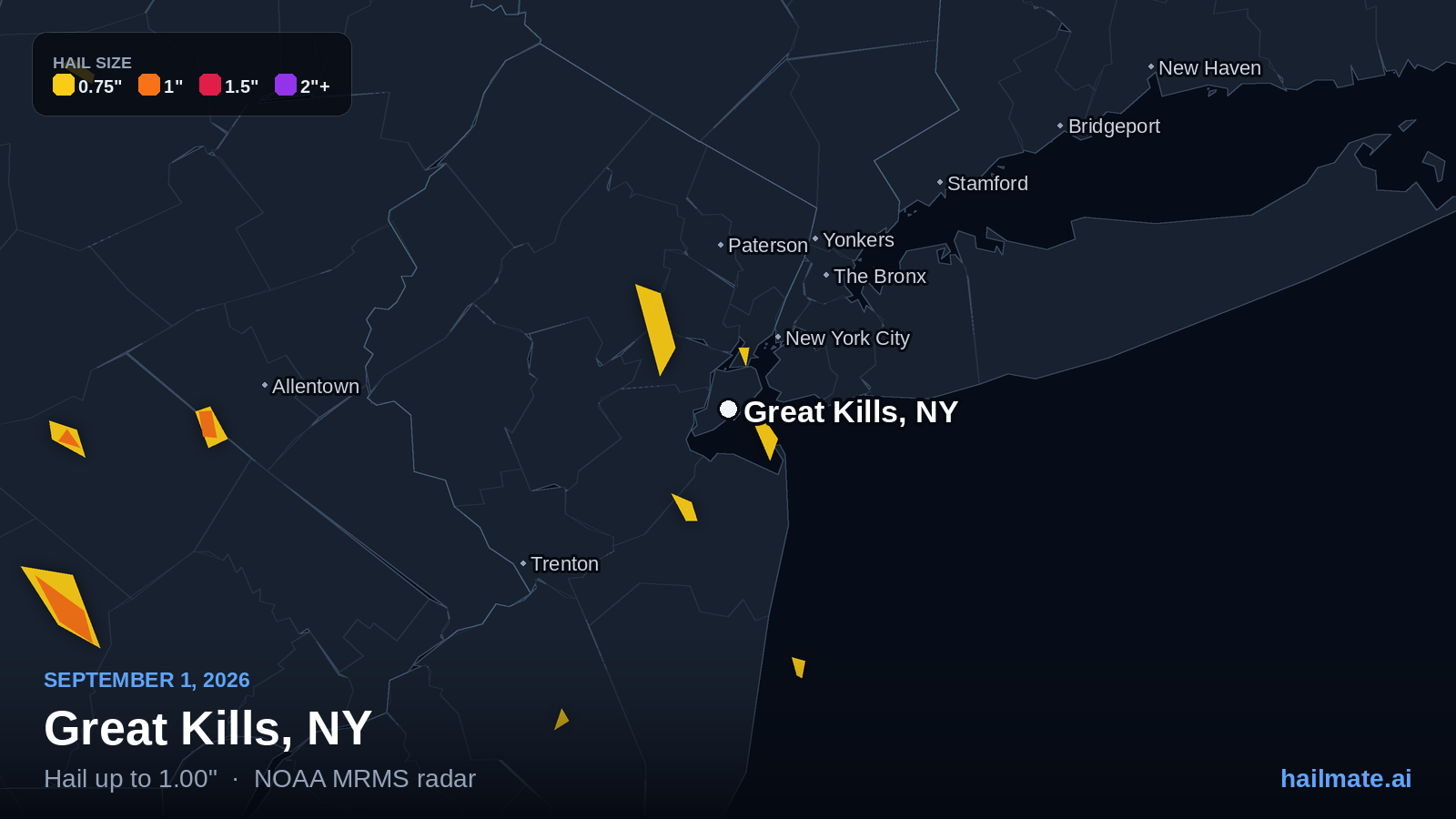 Hail swath map for Great Kills, NY on September 1, 2026 showing 1.00 inch hail.