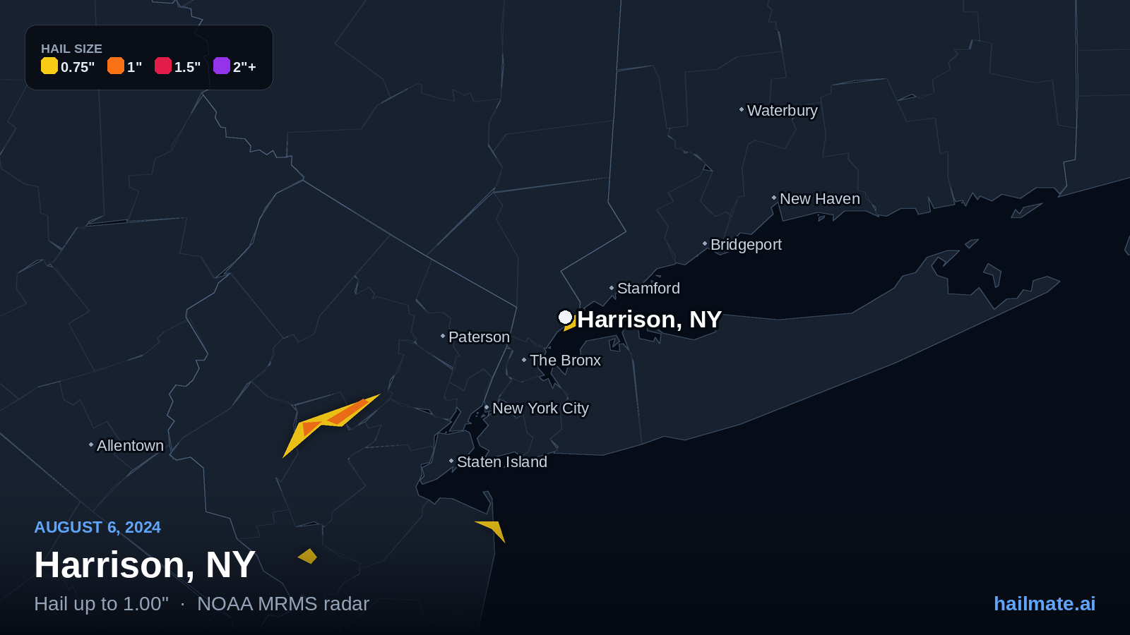 Hail swath map for Harrison, NY on August 6, 2024 showing 1.00 inch hail.