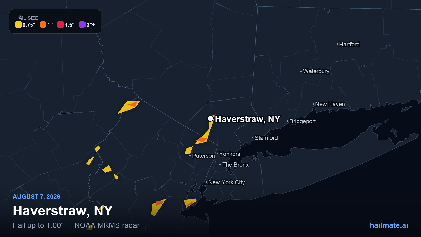 Hail swath map for Haverstraw, NY on August 7, 2026 showing 1.00 inch hail.