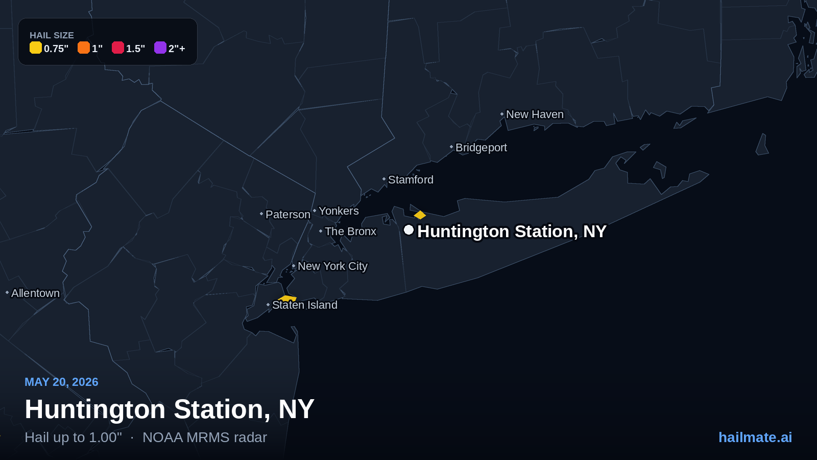 Hail swath map for Huntington Station, NY on May 20, 2026 showing 1.00 inch hail.