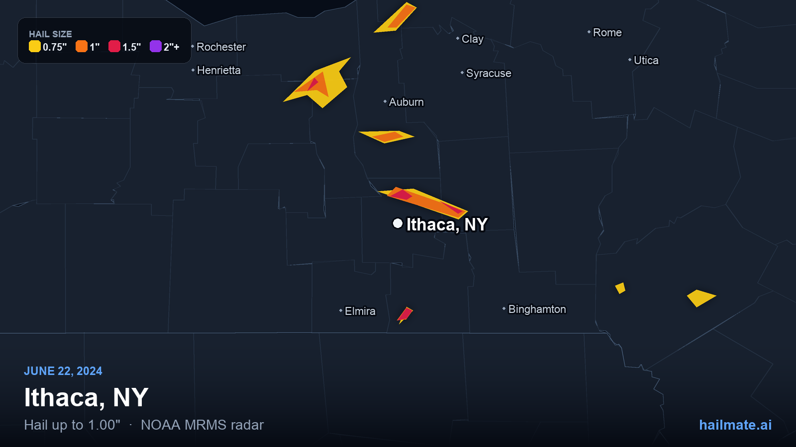 Hail swath map for Ithaca, NY on June 22, 2024 showing 1.00 inch hail.