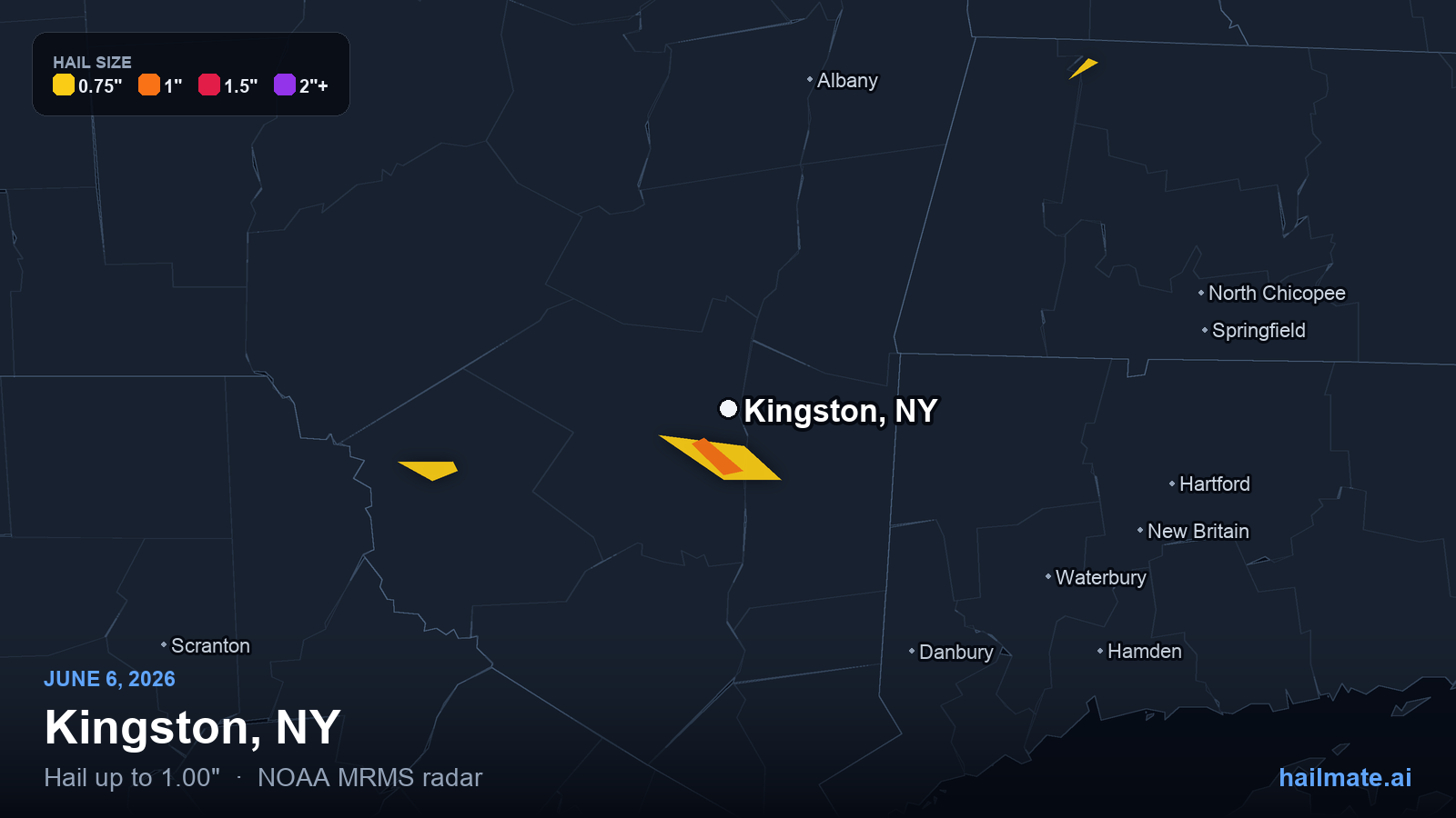 Hail swath map for Kingston, NY on June 6, 2026 showing 1.00 inch hail.