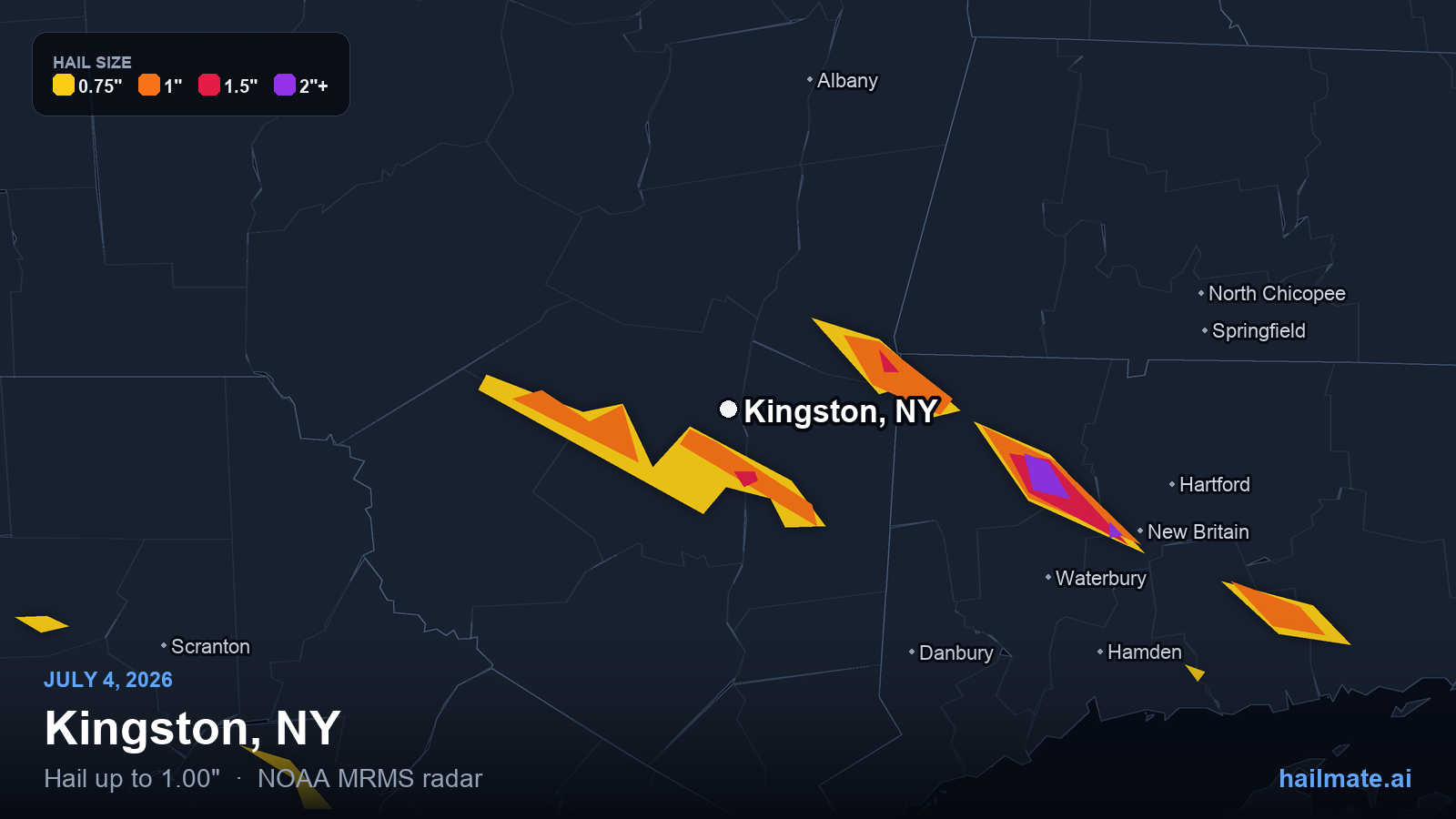 Hail swath map for Kingston, NY on July 4, 2026 showing 1.00 inch hail.