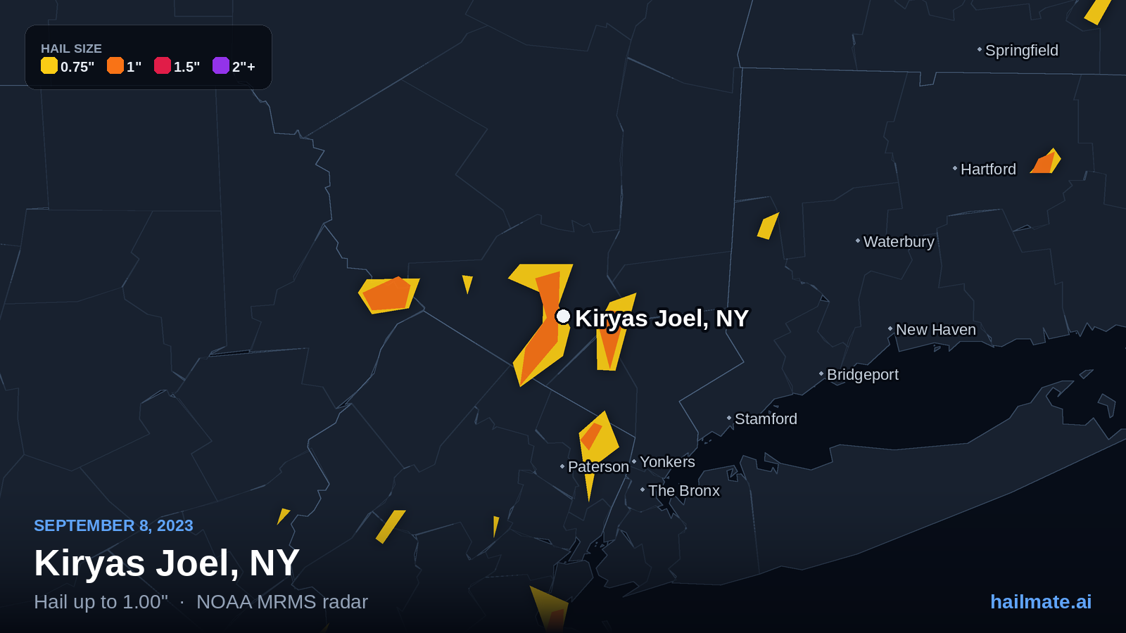 Hail swath map for Kiryas Joel, NY on September 8, 2023 showing 1.00 inch hail.