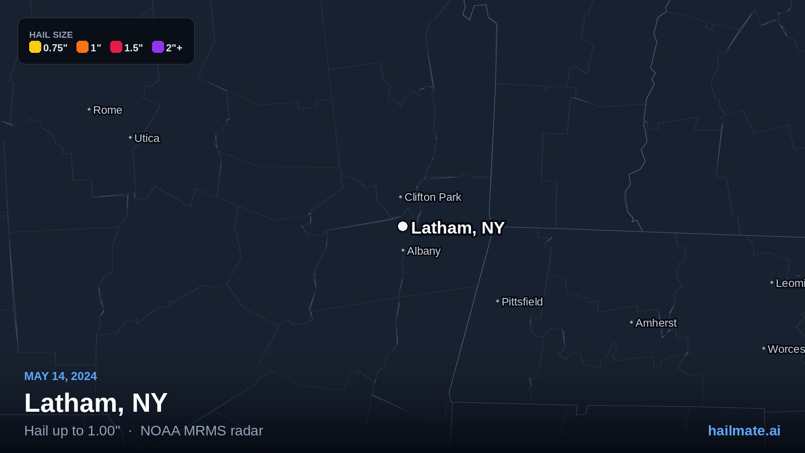 Hail swath map for Latham, NY on May 14, 2024 showing 1.00 inch hail.