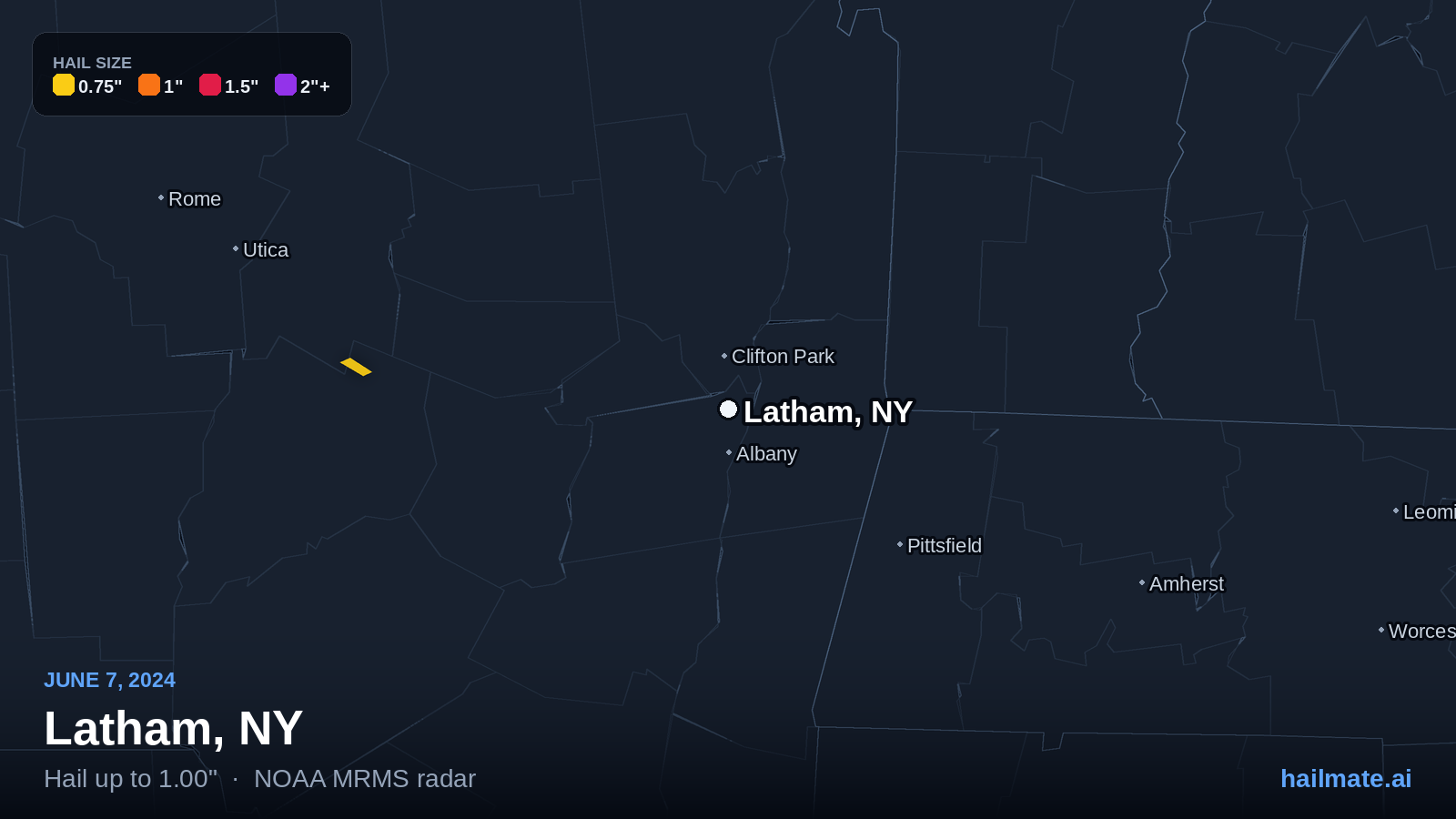 Hail swath map for Latham, NY on June 7, 2024 showing 1.00 inch hail.