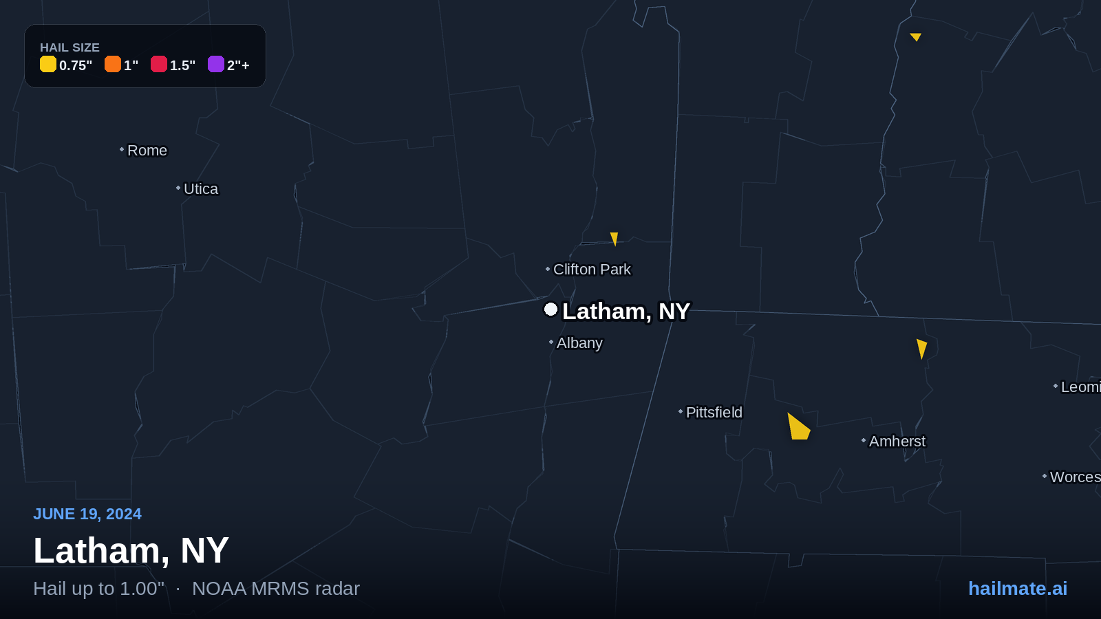 Hail swath map for Latham, NY on June 19, 2024 showing 1.00 inch hail.