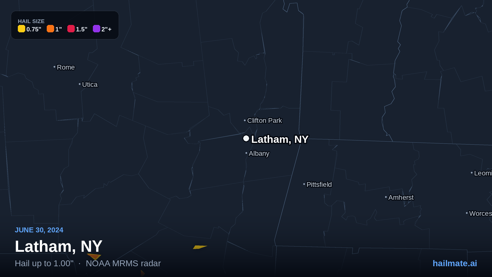 Hail swath map for Latham, NY on June 30, 2024 showing 1.00 inch hail.