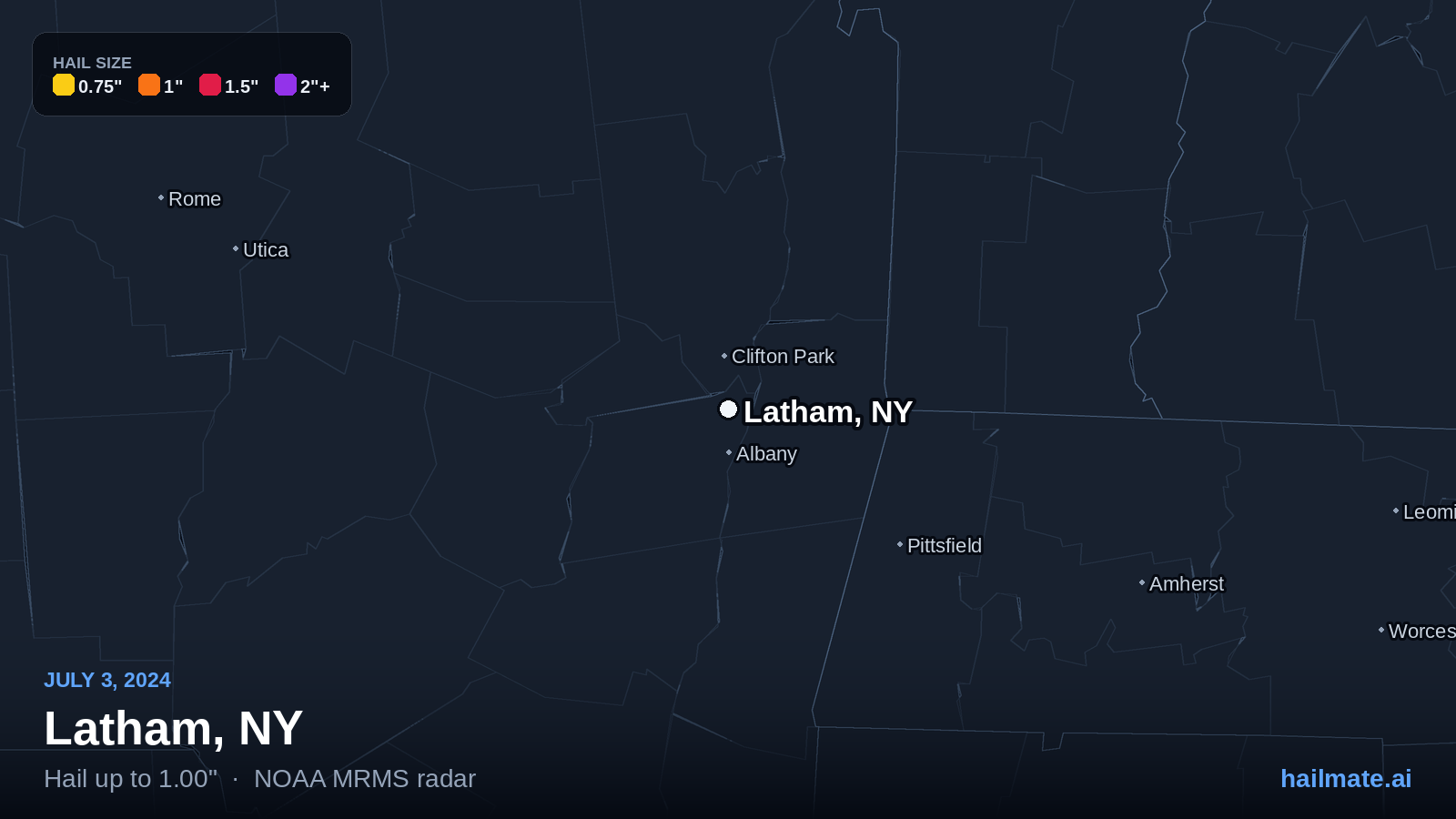 Hail swath map for Latham, NY on July 3, 2024 showing 1.00 inch hail.