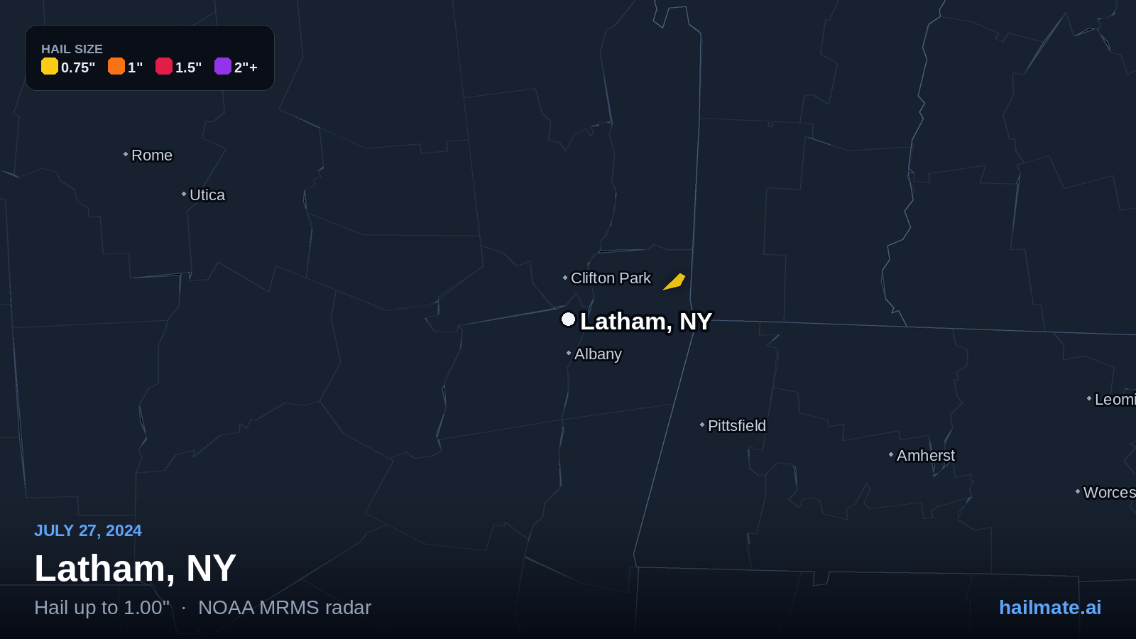 Hail swath map for Latham, NY on July 27, 2024 showing 1.00 inch hail.