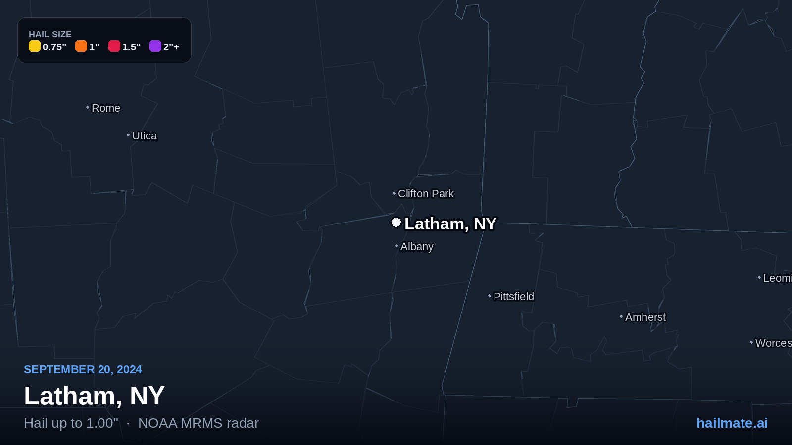 Hail swath map for Latham, NY on September 20, 2024 showing 1.00 inch hail.
