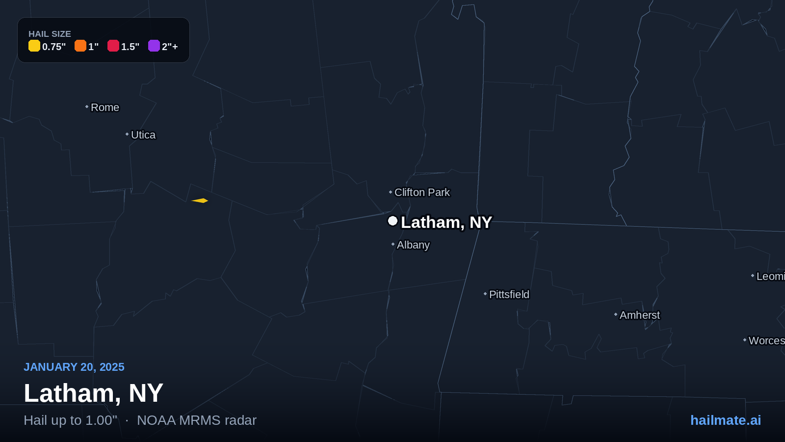 Hail swath map for Latham, NY on January 20, 2025 showing 1.00 inch hail.