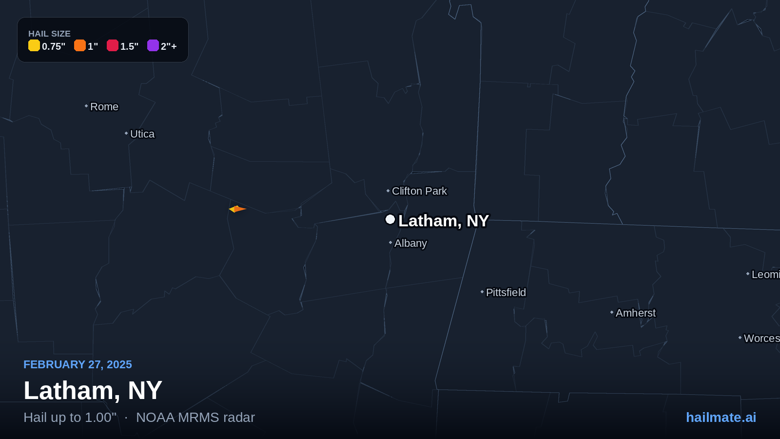 Hail swath map for Latham, NY on February 27, 2025 showing 1.00 inch hail.