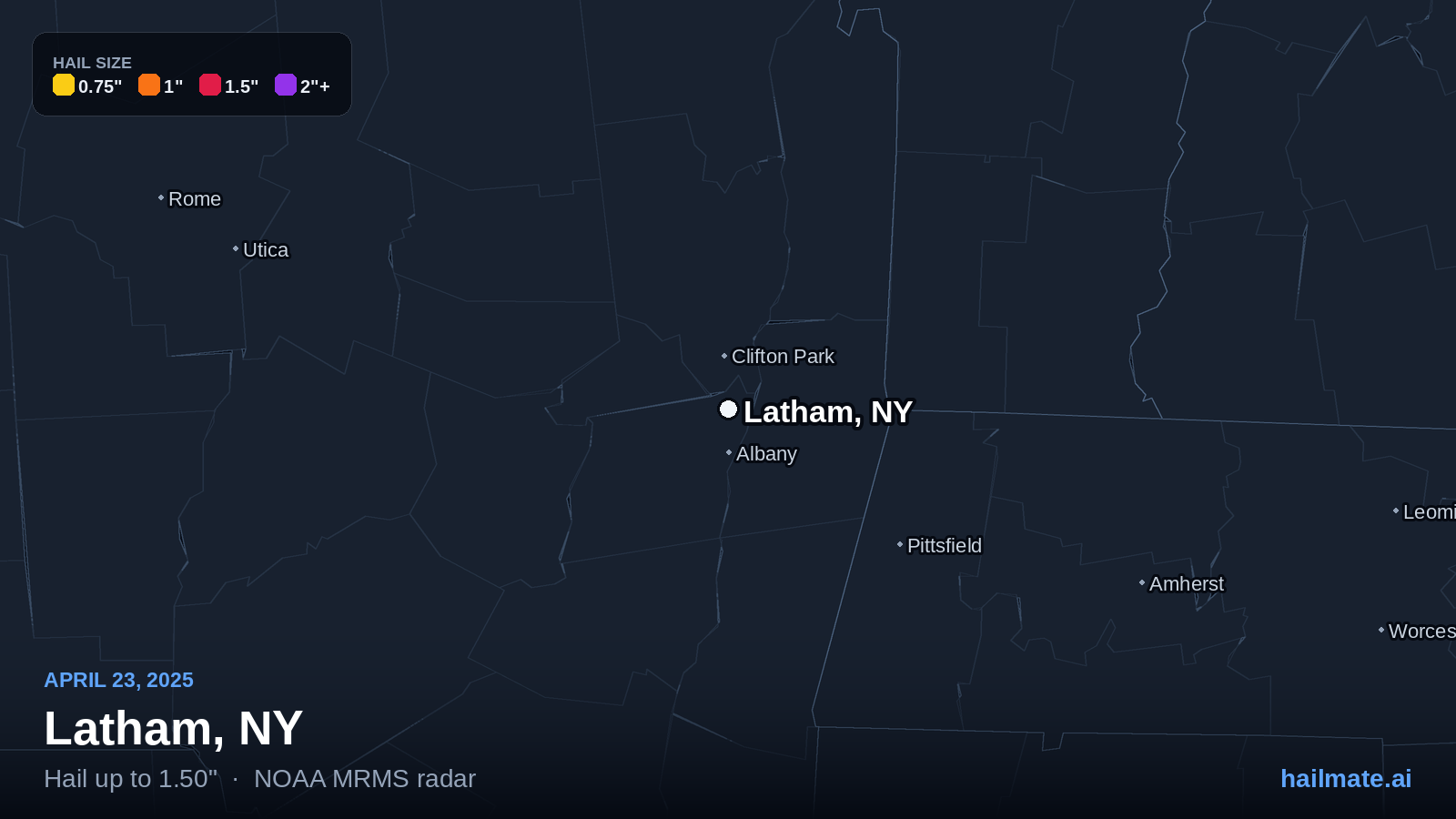 Hail swath map for Latham, NY on April 23, 2025 showing 1.50 inch hail.