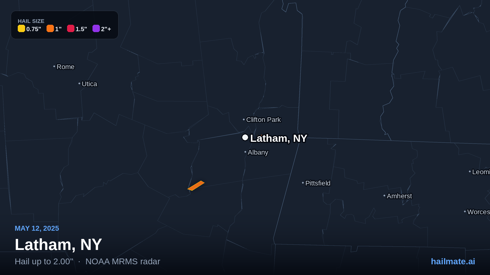 Hail swath map for Latham, NY on May 12, 2025 showing 2.00 inch hail.