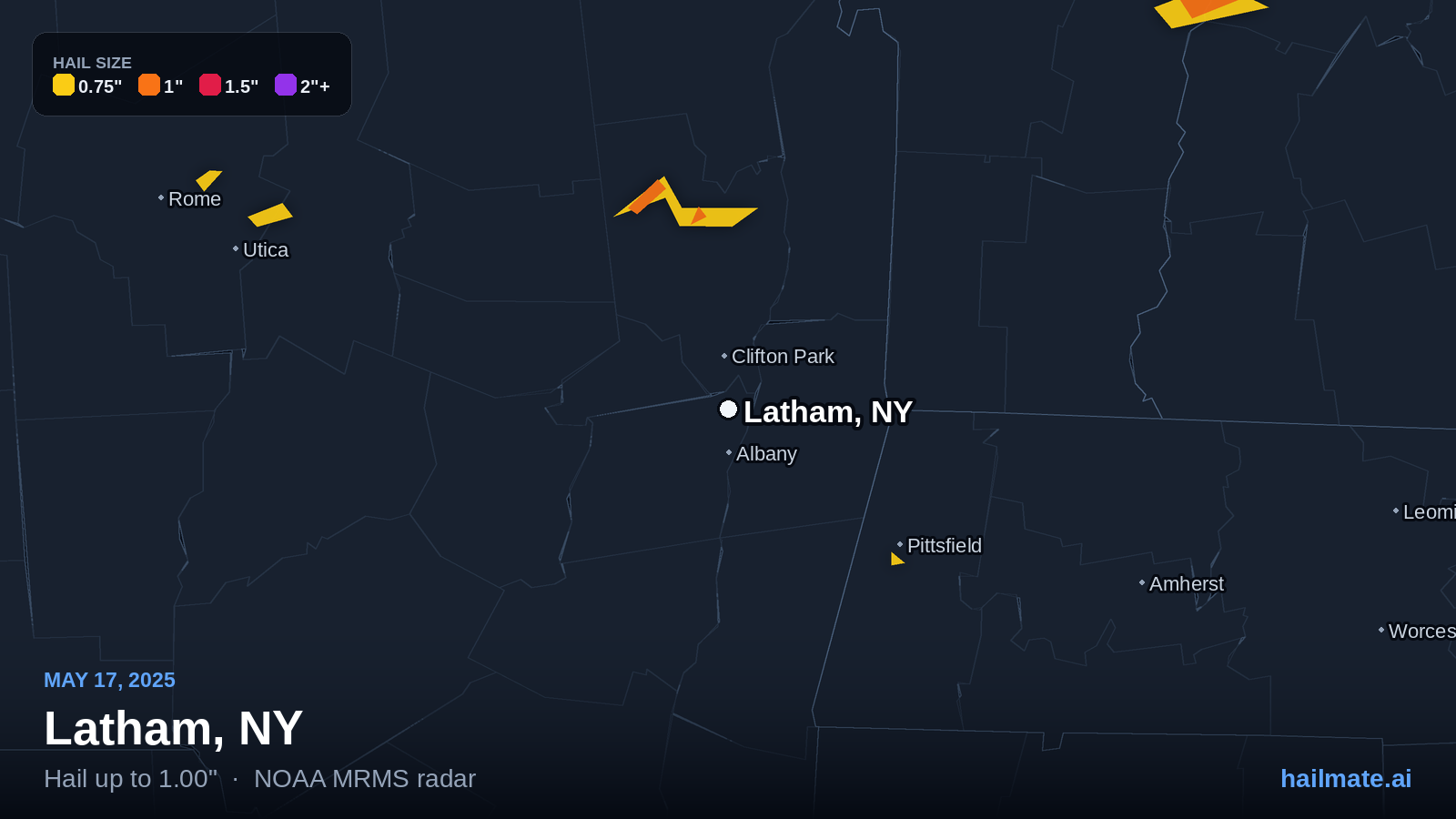 Hail swath map for Latham, NY on May 17, 2025 showing 1.00 inch hail.
