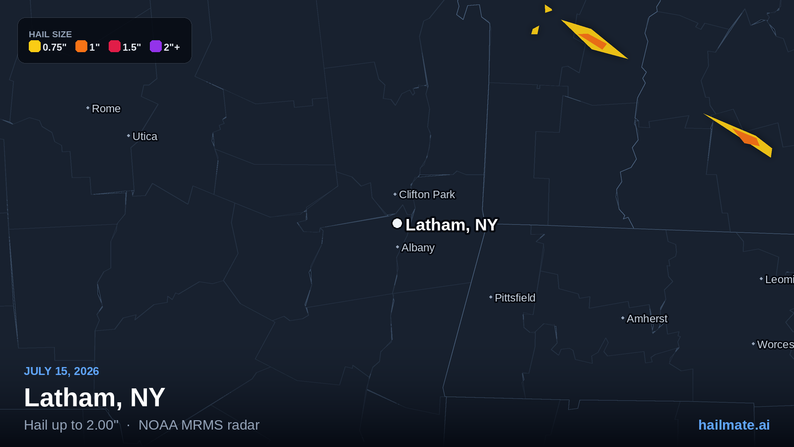 Hail swath map for Latham, NY on July 15, 2026 showing 2.00 inch hail.
