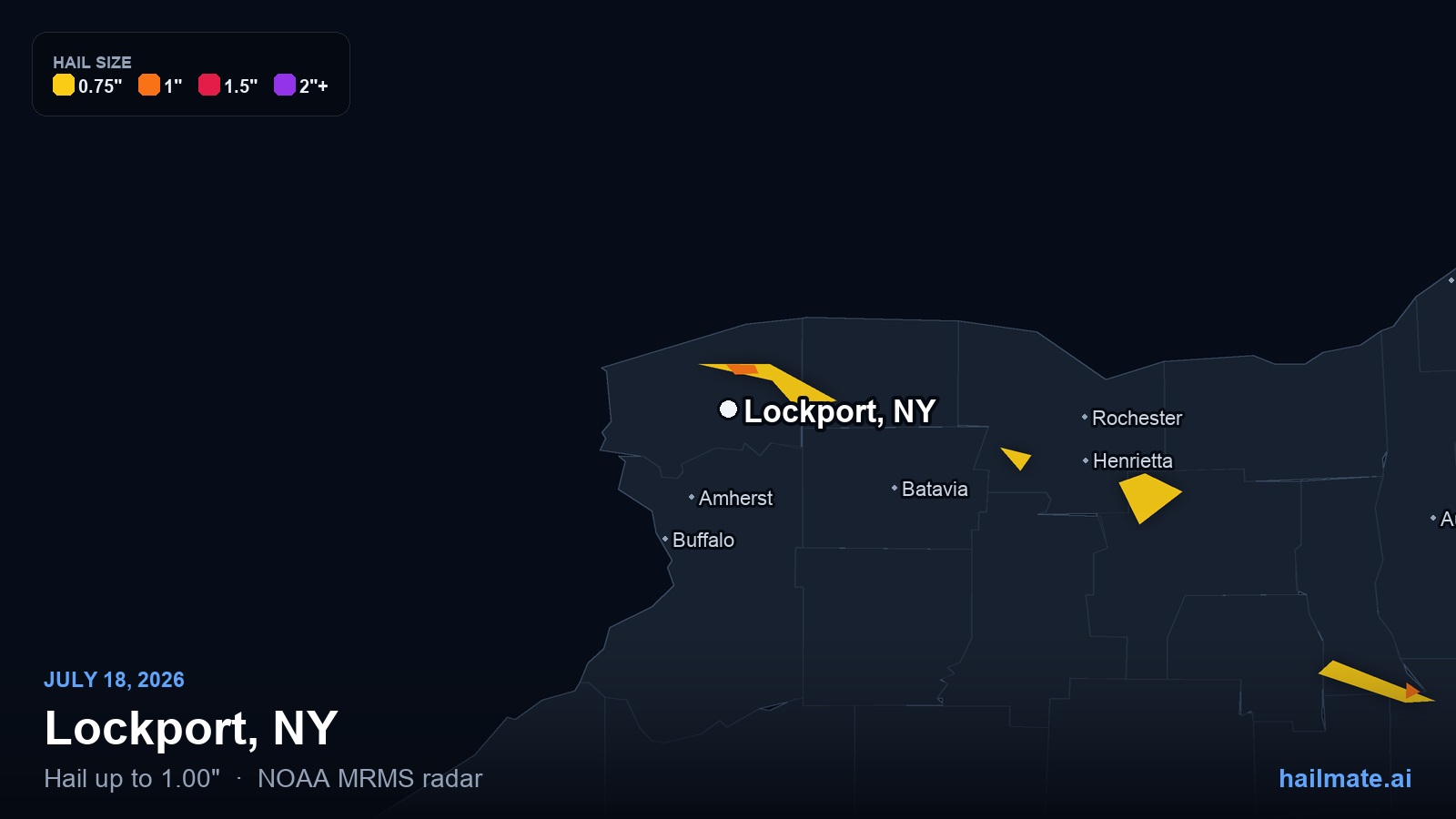 Hail swath map for Lockport, NY on July 18, 2026 showing 1.00 inch hail.