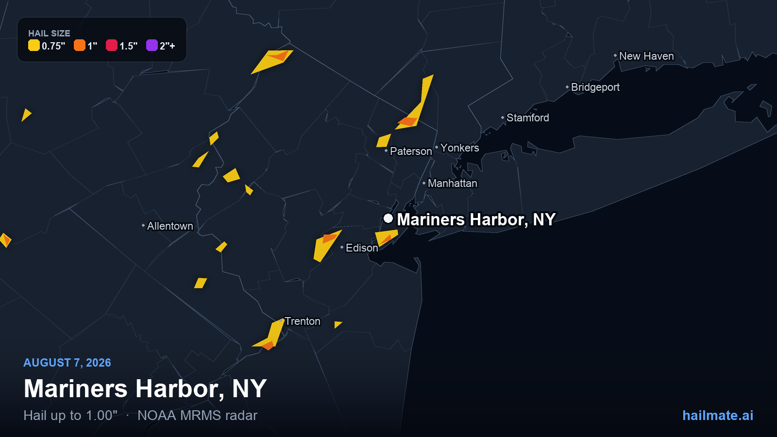 Hail swath map for Mariners Harbor, NY on August 7, 2026 showing 1.00 inch hail.