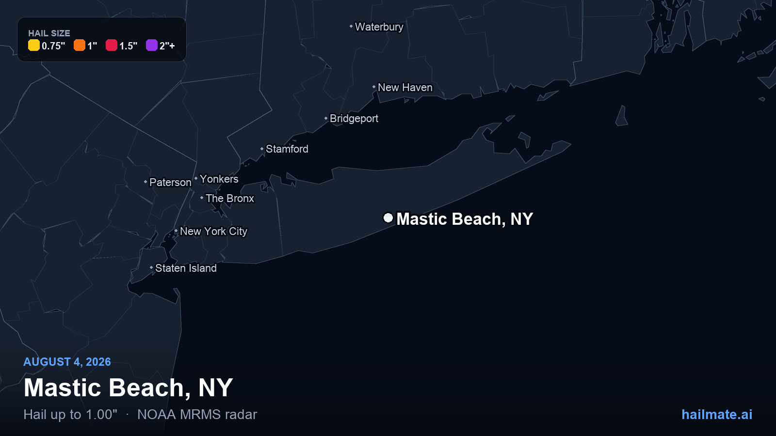 Hail swath map for Mastic Beach, NY on August 4, 2026 showing 1.00 inch hail.